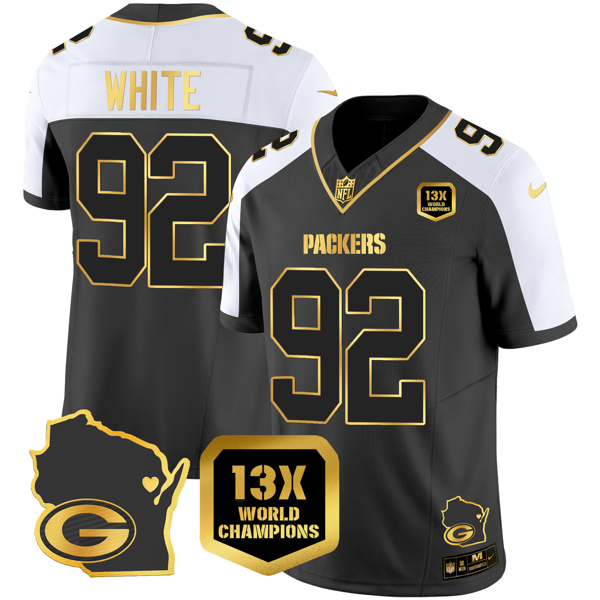 Reggie White Men's Green Bay Packers 13 Time World Champions & Home Patch Gold Vapor Alternate Jersey - All Stitched 