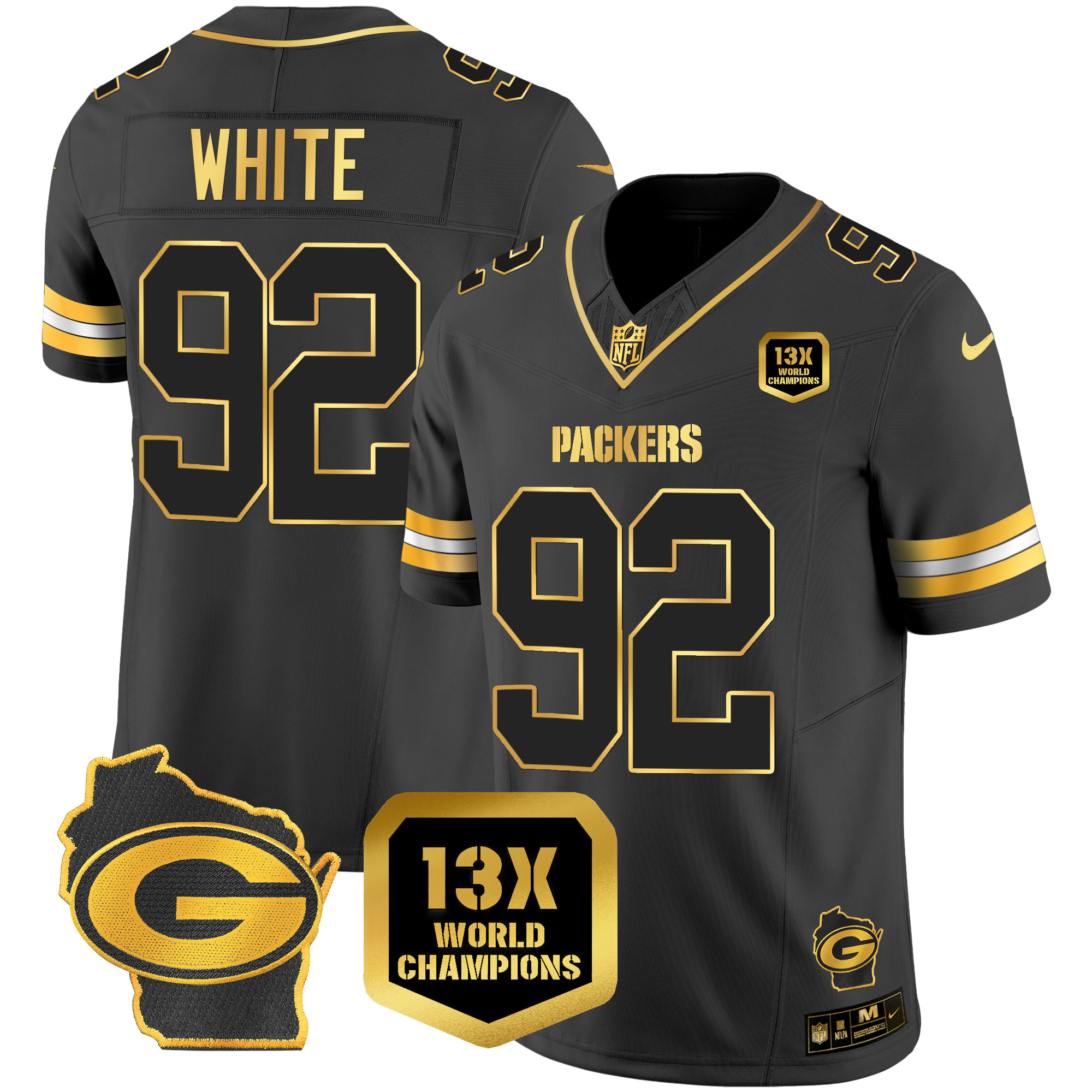 Reggie White Men's Green Bay Packers 13 Time World Champions & Home Patch Gold Vapor Black Gold Jersey - All Stitched 