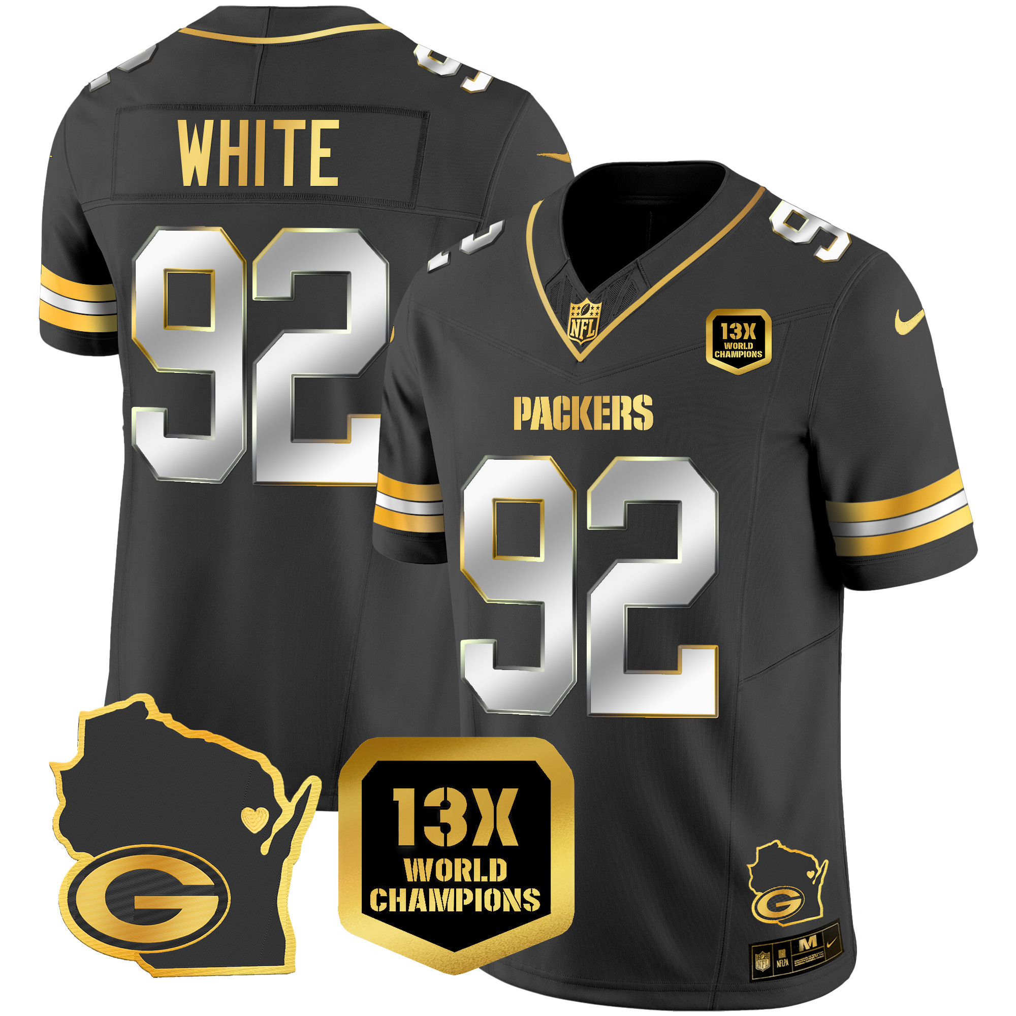 Reggie White Men's Green Bay Packers 13 Time World Champions & Home Patch Gold Vapor Black Limited Jersey - All Stitched 
