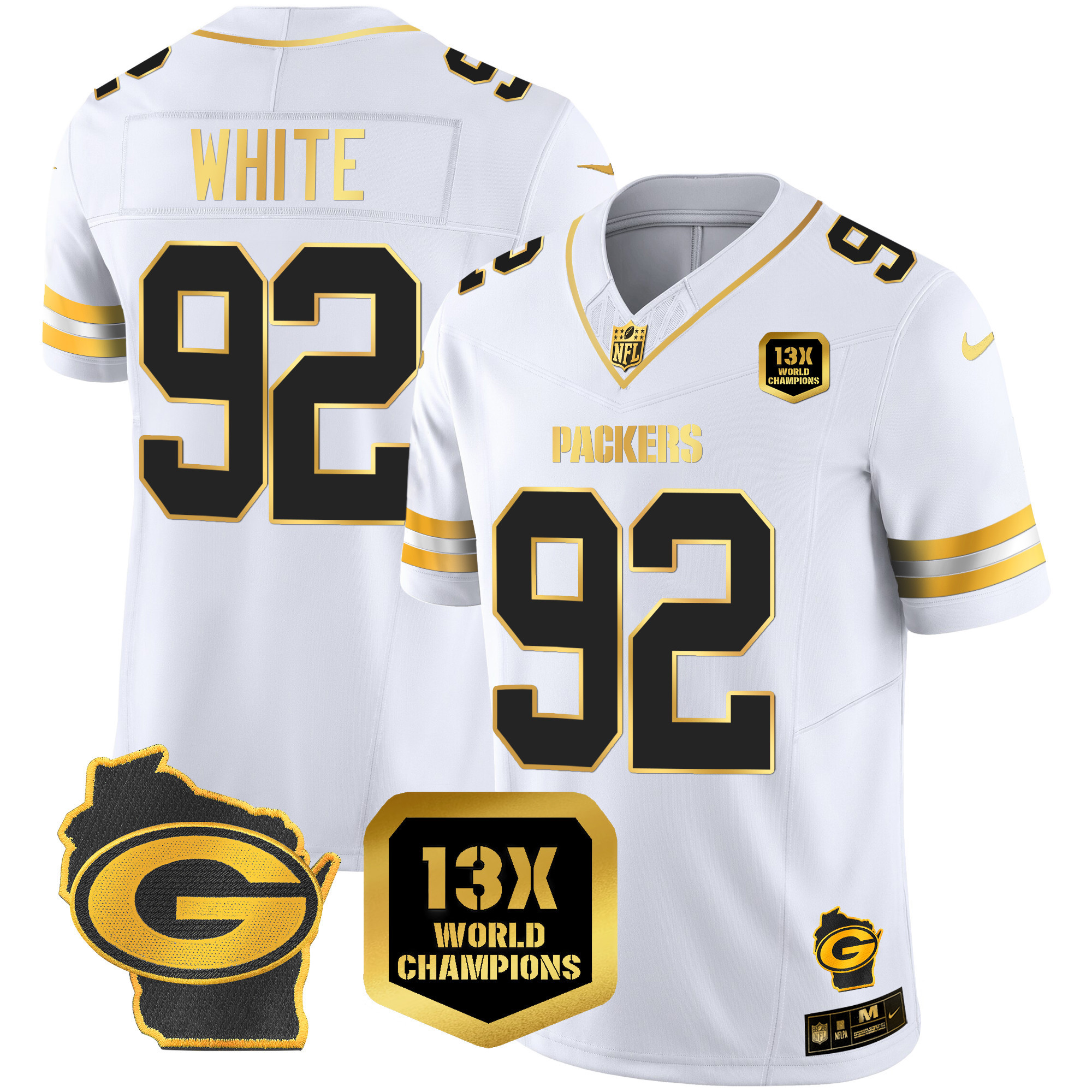 Reggie White Men's Green Bay Packers 13 Time World Champions & Home Patch Gold Vapor White Gold Jersey - All Stitched 