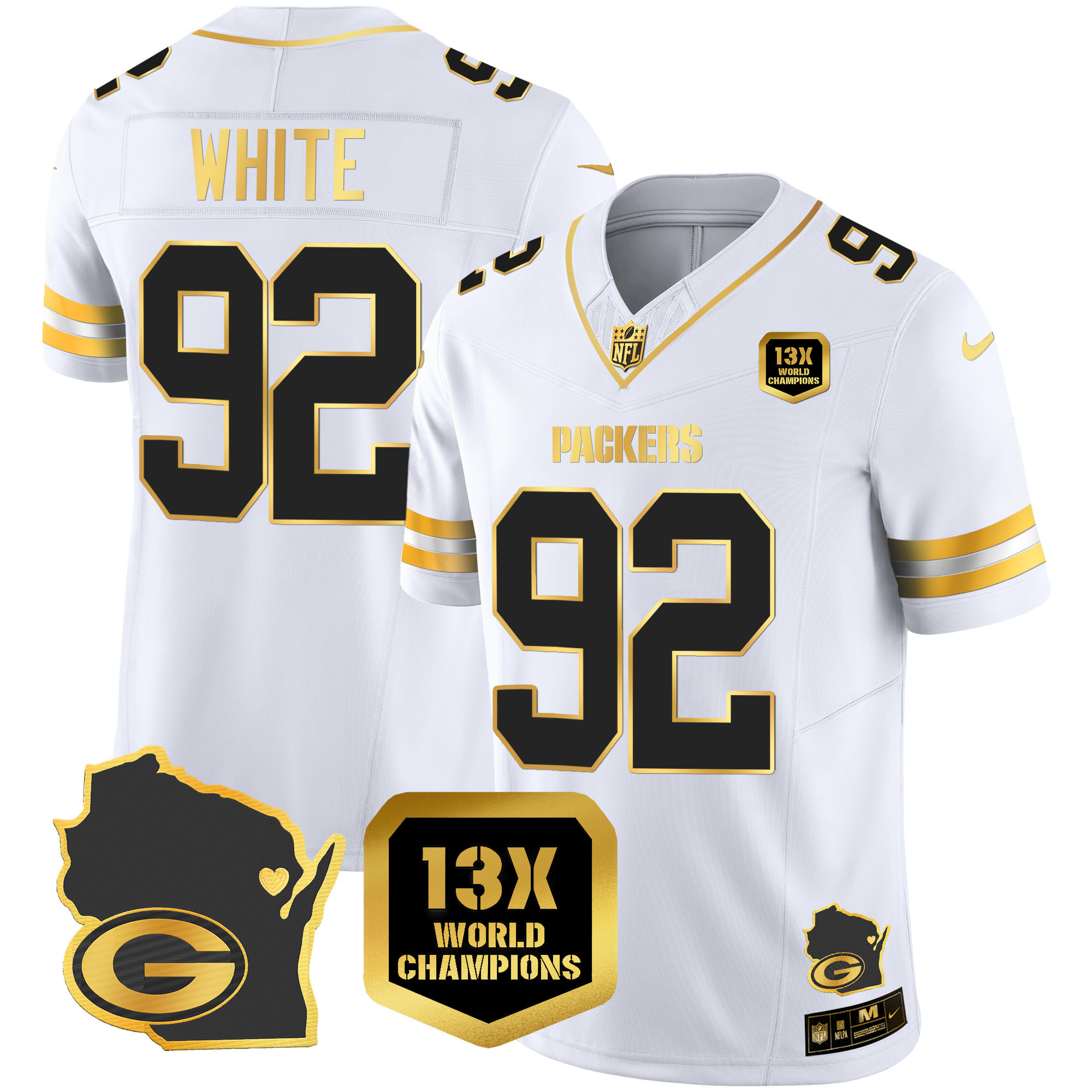 Reggie White Men's Green Bay Packers 13 Time World Champions & Home Patch Gold Vapor White Gold Jersey - All Stitched 