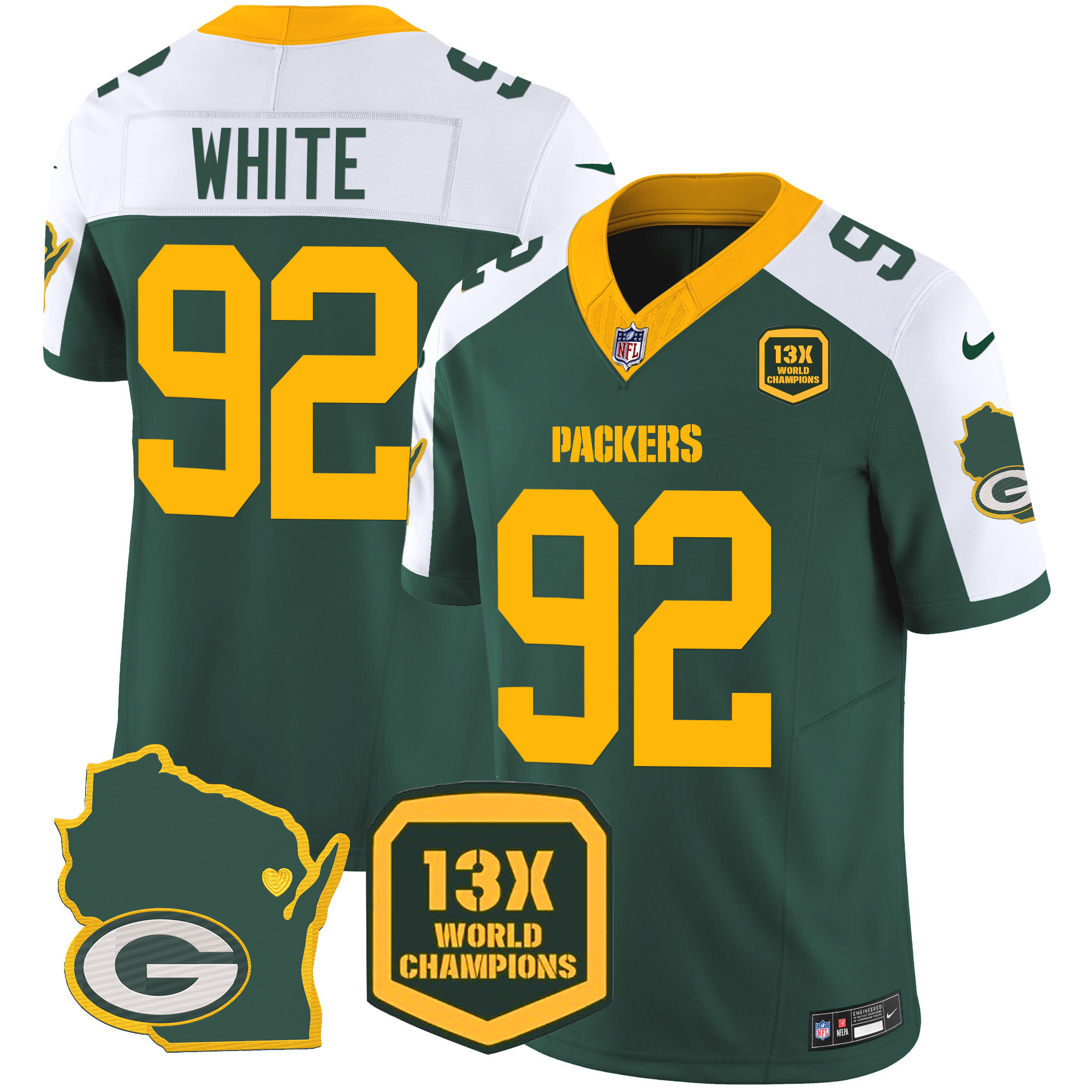 Reggie White Men's Green Bay Packers 13 Time World Champions & Home Patch Vapor Alternate Jersey - All Stitched 