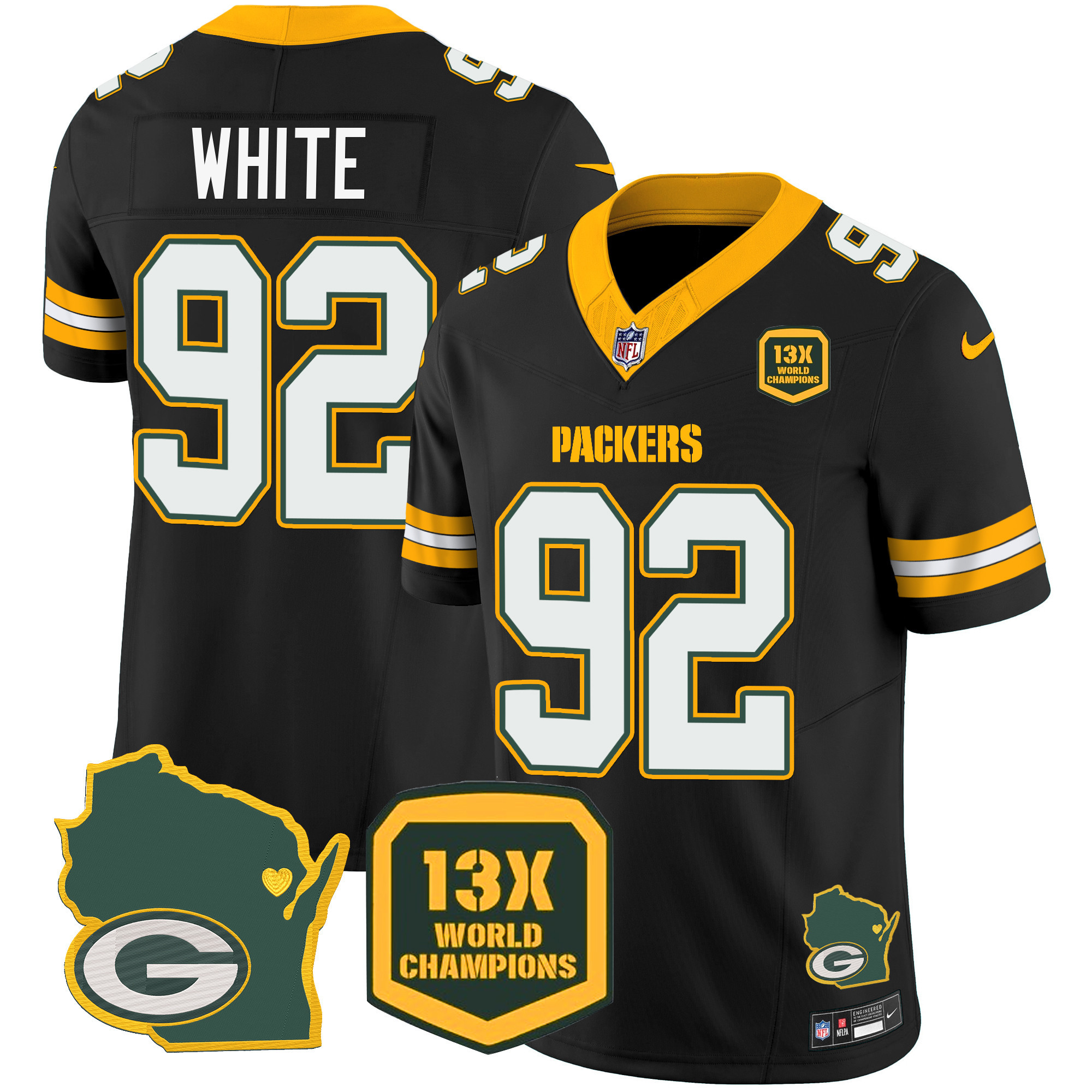 Reggie White Men's Green Bay Packers 13 Time World Champions & Home Patch Vapor Black Jersey - All Stitched 