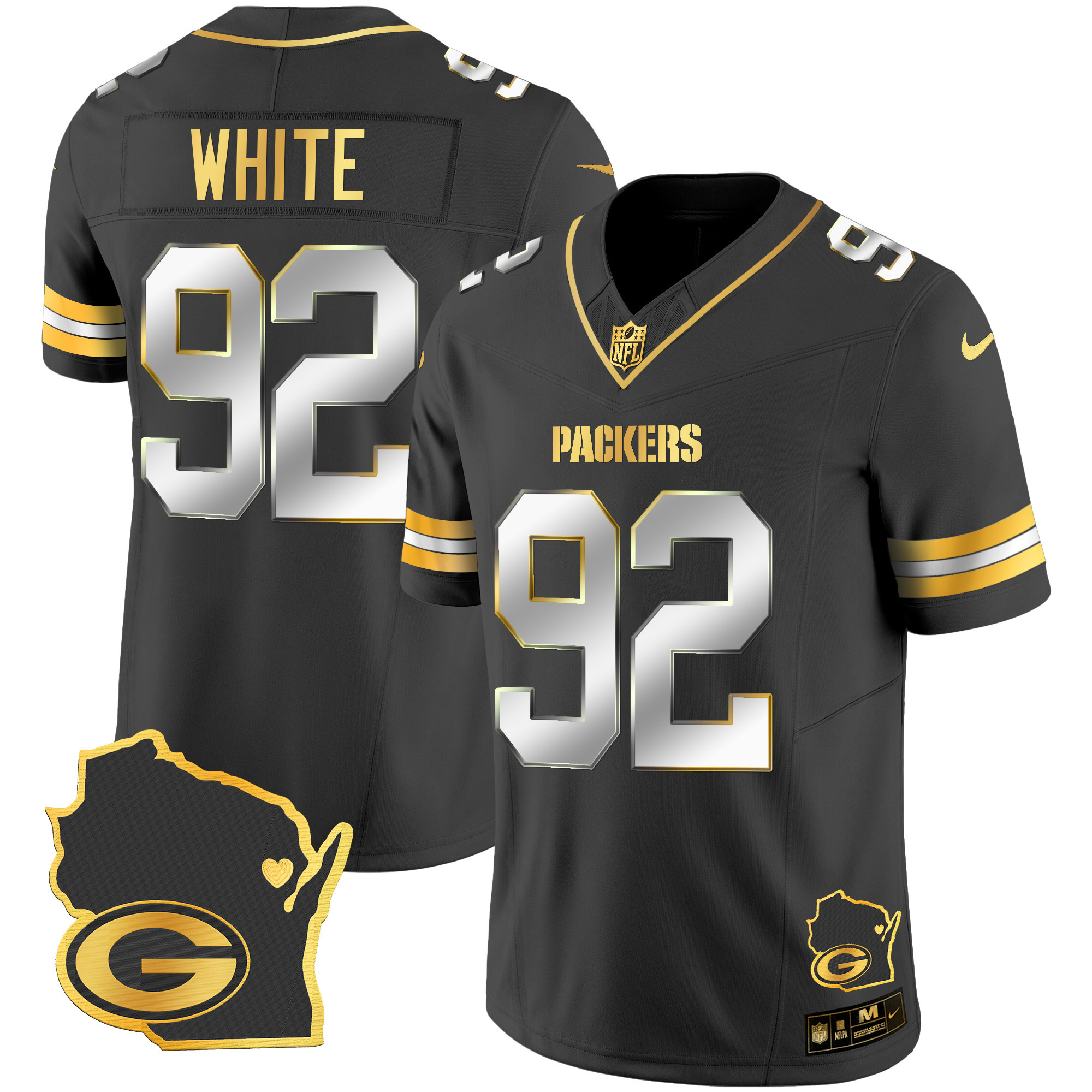 Reggie White Men's Green Bay Packers Home Patch Gold Vapor Black Limited Jersey - All Stitched 