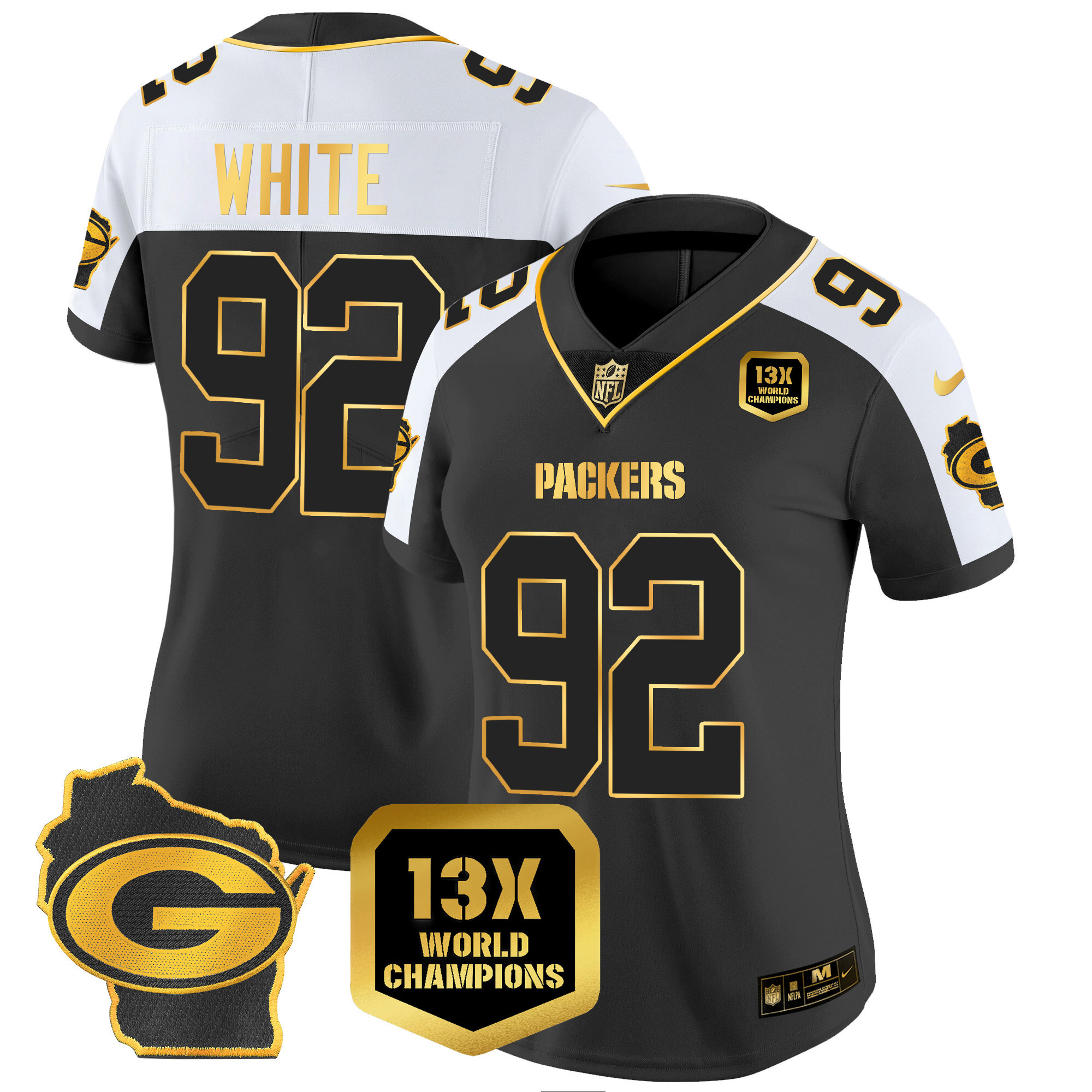 Reggie White Women's Green Bay Packers 13 Time World Champions & Home Patch Gold Vapor Alternate Jersey - All Stitched 