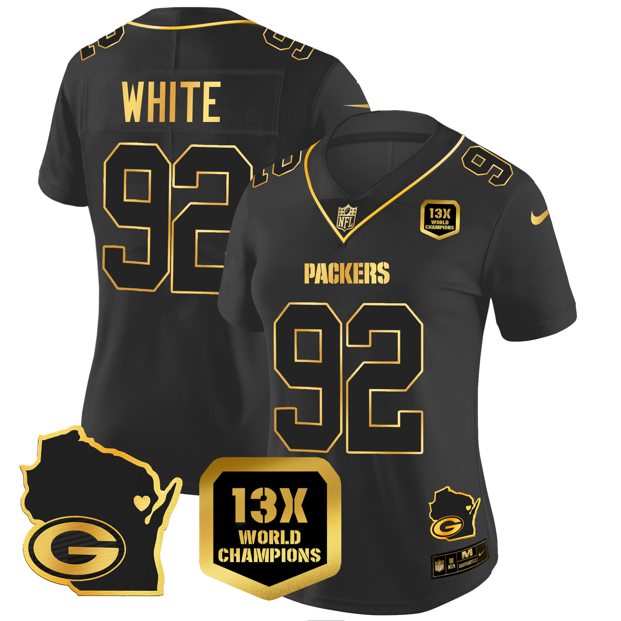 Reggie White Women's Green Bay Packers 13 Time World Champions & Home Patch Gold Vapor Black Gold Jersey - All Stitched 
