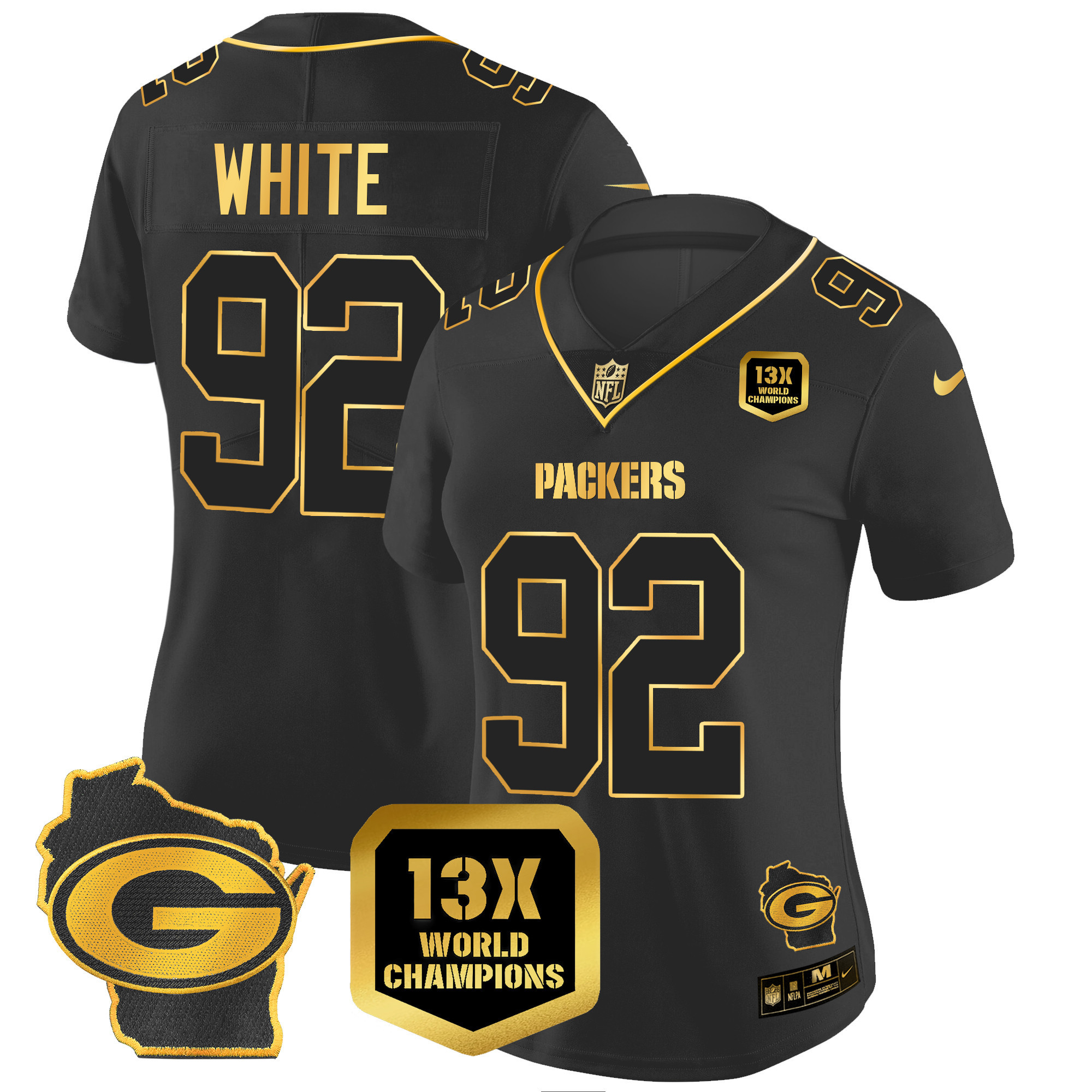 Reggie White Women's Green Bay Packers 13 Time World Champions & Home Patch Gold Vapor Black Gold Jersey - All Stitched 