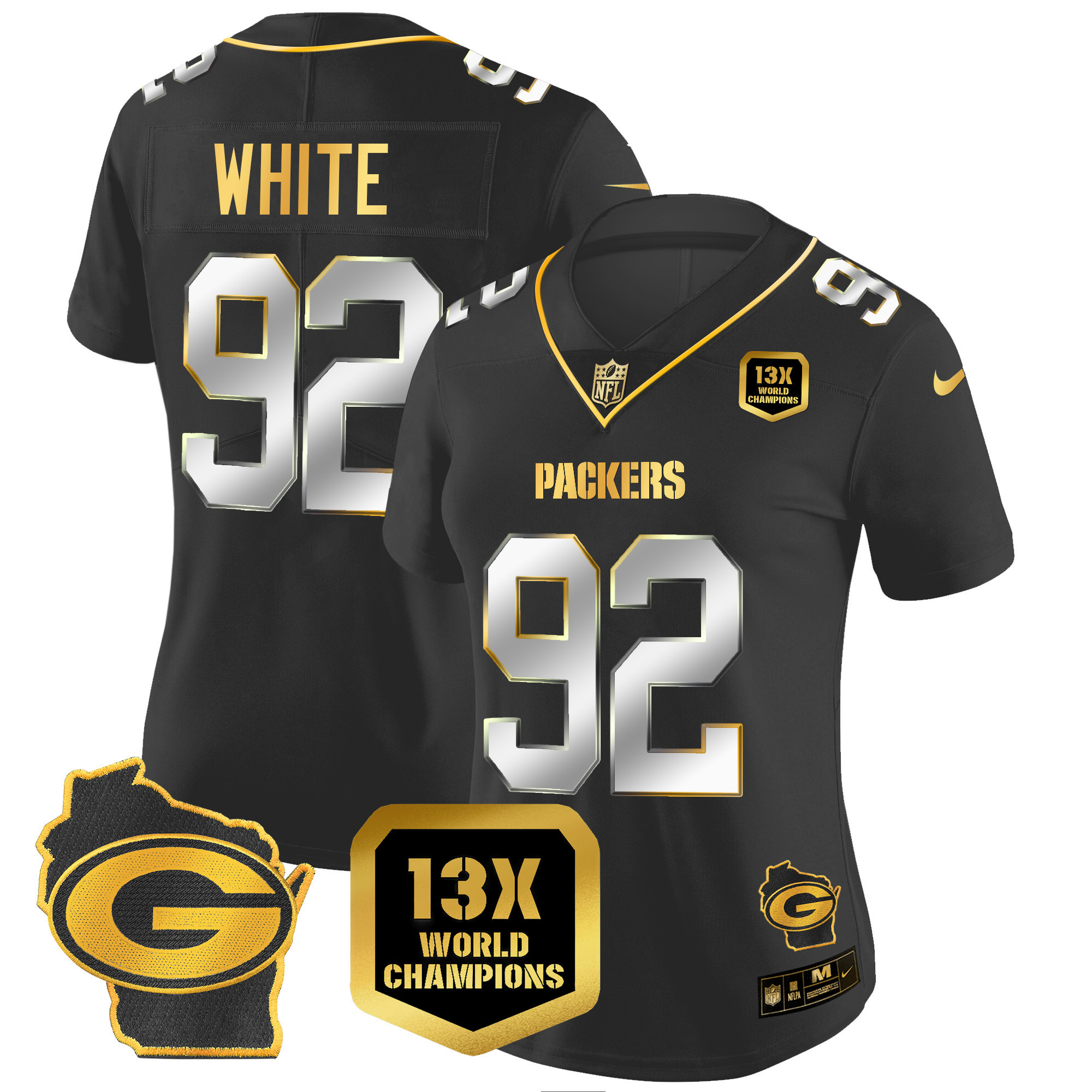 Reggie White Women's Green Bay Packers 13 Time World Champions & Home Patch Gold Vapor Black Limited Jersey - All Stitched 