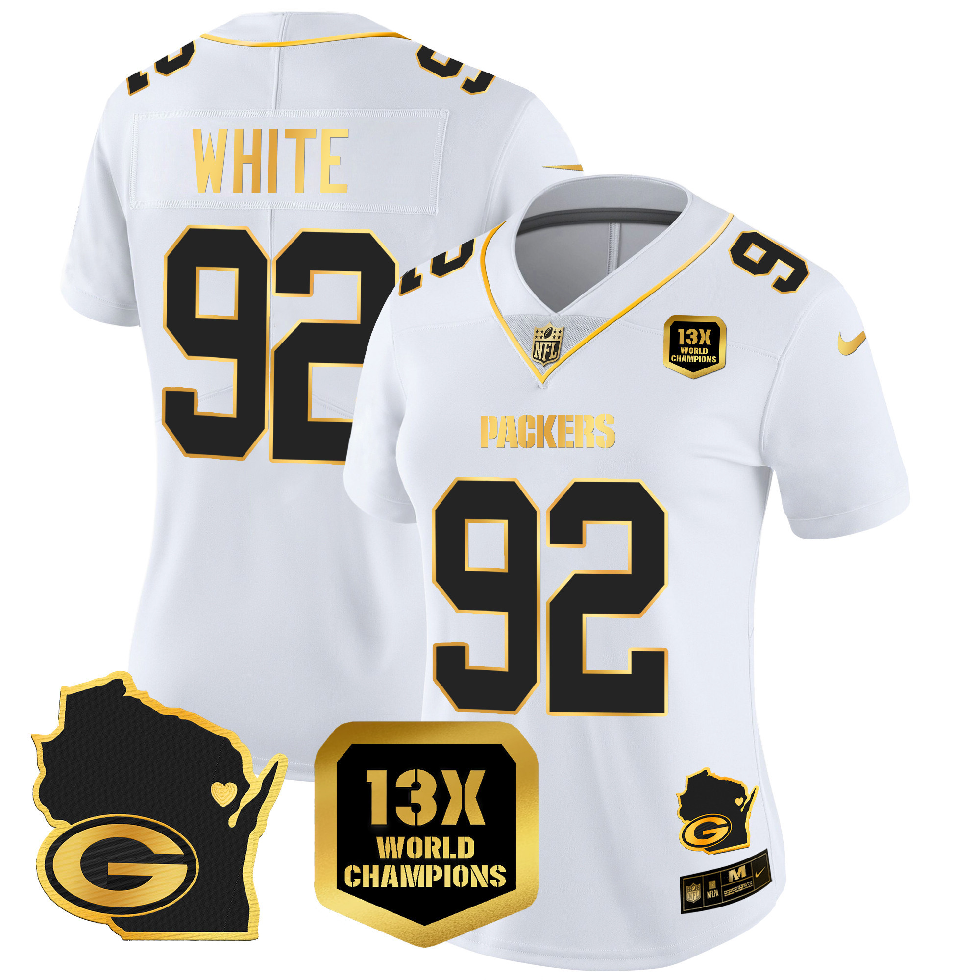 Reggie White Women's Green Bay Packers 13 Time World Champions & Home Patch Gold Vapor White Gold Jersey - All Stitched 