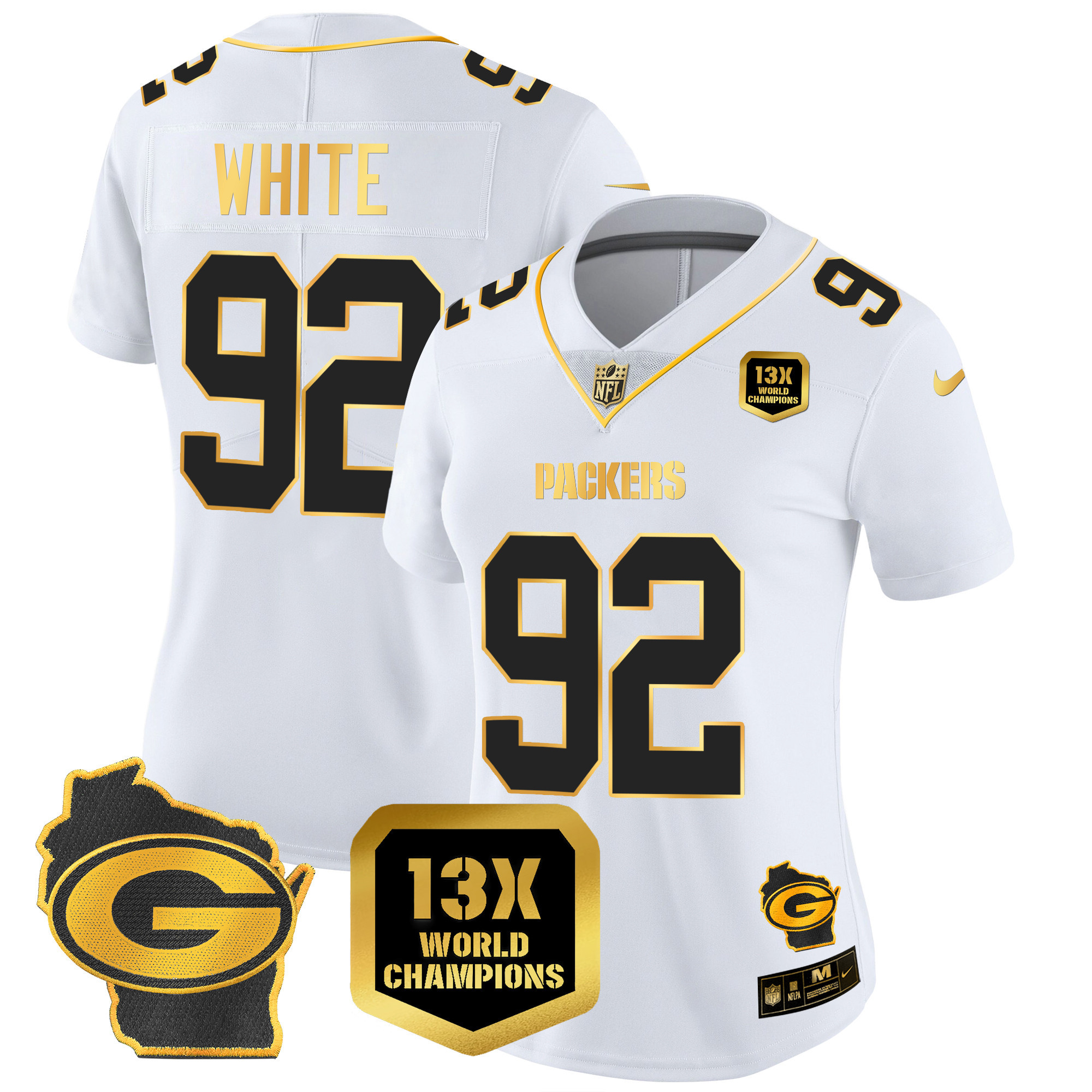 Reggie White Women's Green Bay Packers 13 Time World Champions & Home Patch Gold Vapor White Gold Jersey - All Stitched 