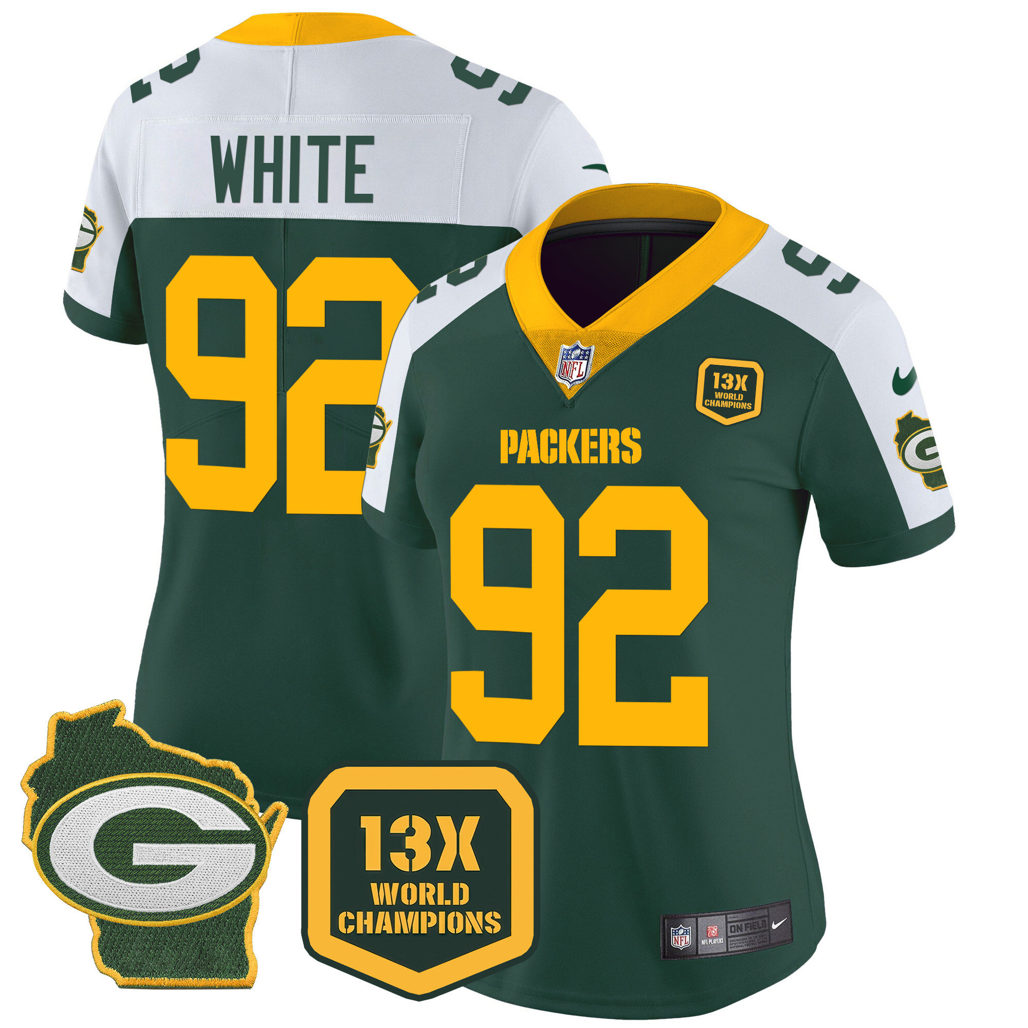 Reggie White Women's Green Bay Packers 13 Time World Champions & Home Patch Vapor Alternate Jersey - All Stitched 