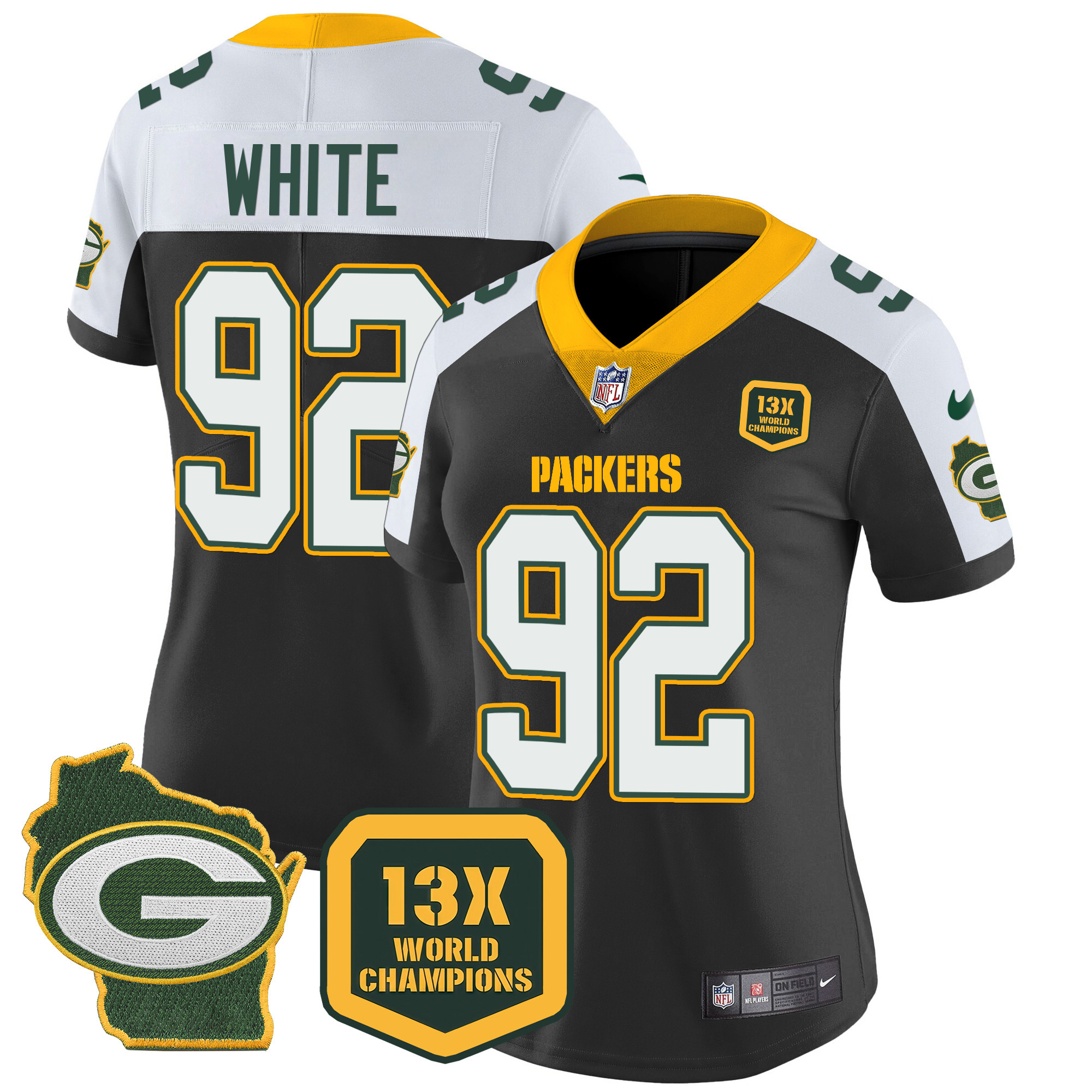 Reggie White Women's Green Bay Packers 13 Time World Champions & Home Patch Vapor Black Alternate Jersey - All Stitched 