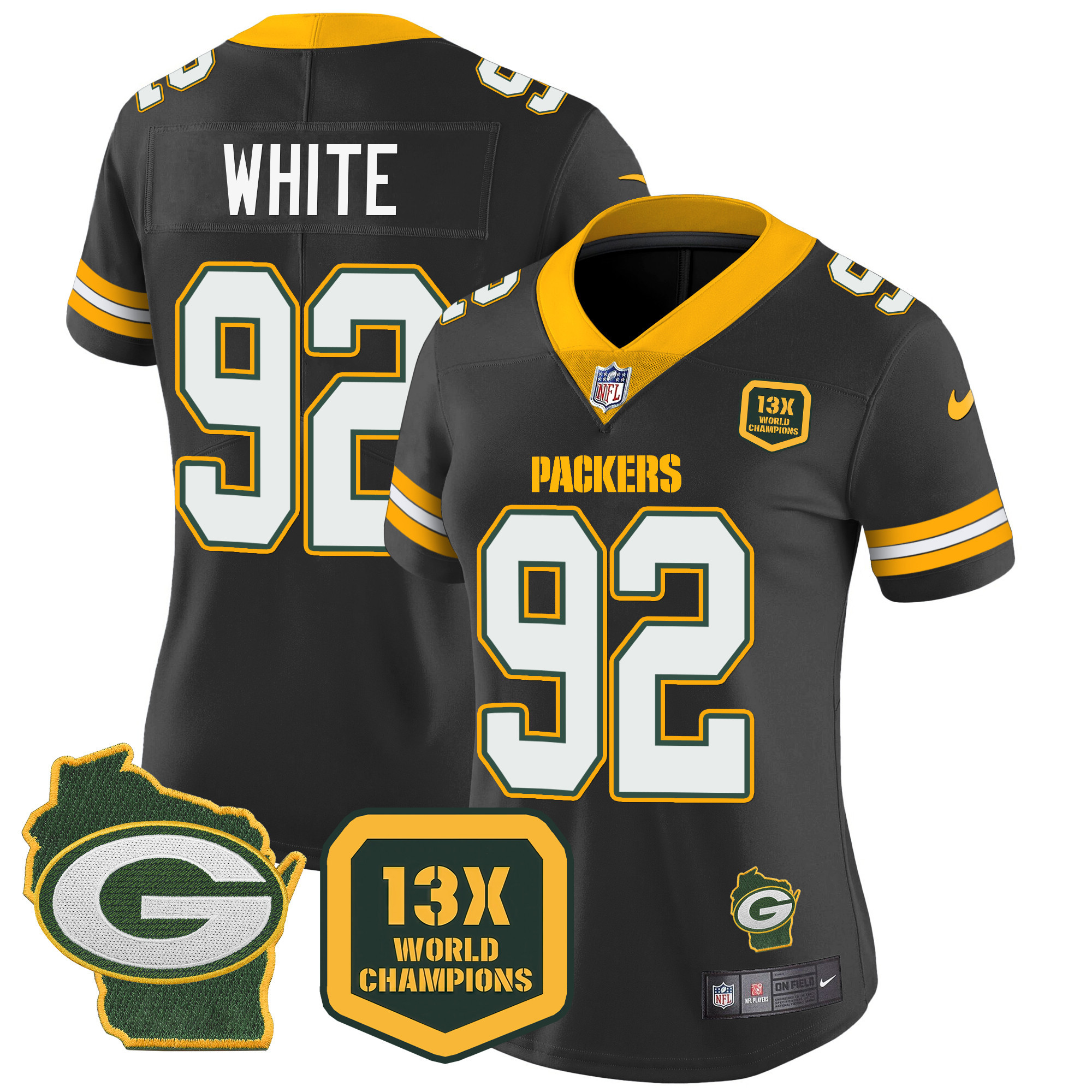 Reggie White Women's Green Bay Packers 13 Time World Champions & Home Patch Vapor Black Jersey - All Stitched 