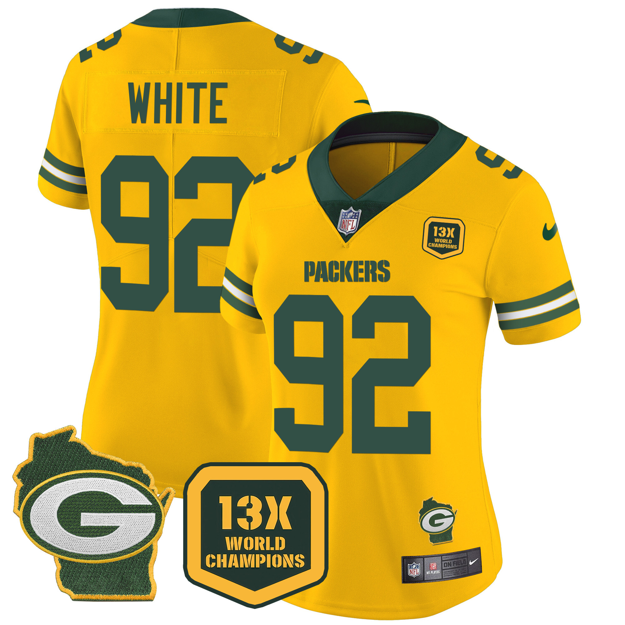 Reggie White Women's Green Bay Packers 13 Time World Champions & Home Patch Vapor Gold Jersey - All Stitched 