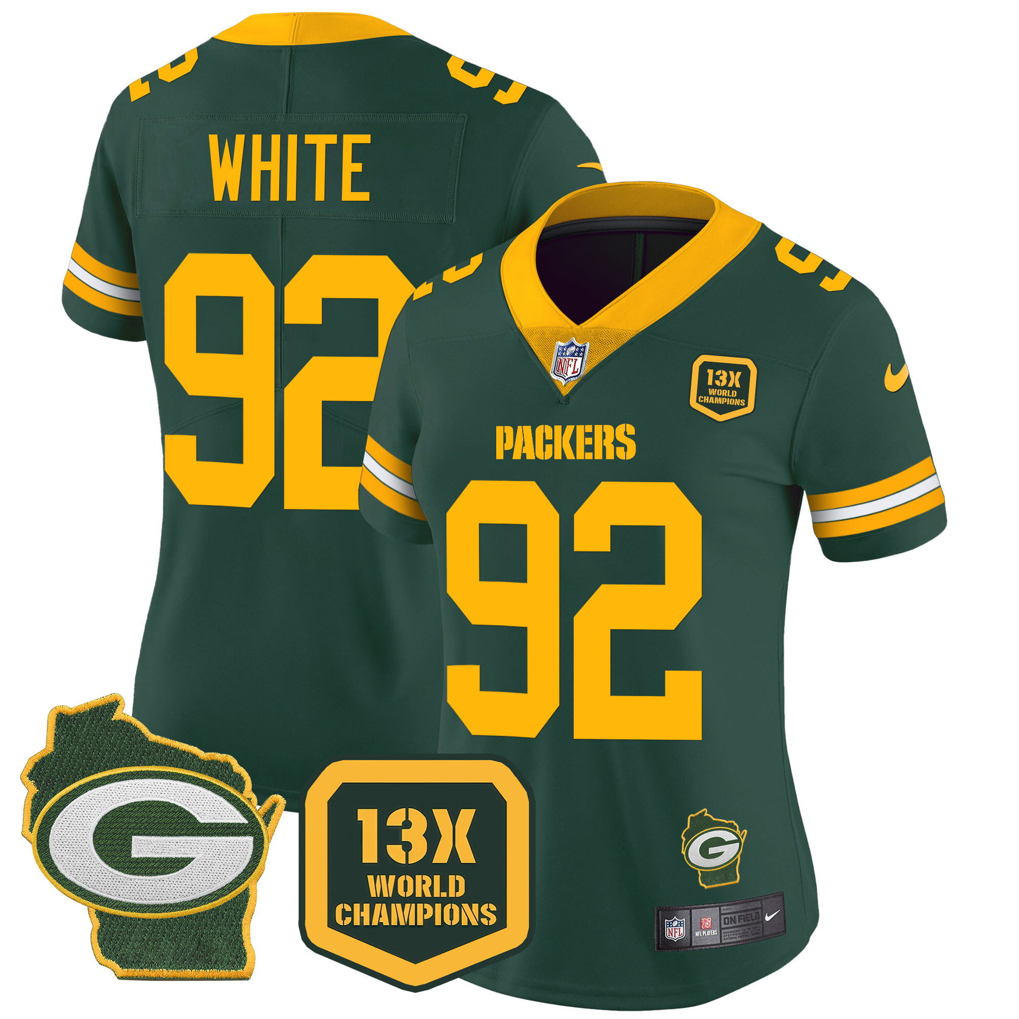 Reggie White Women's Green Bay Packers 13 Time World Champions & Home Patch Vapor Green Jersey - All Stitched 