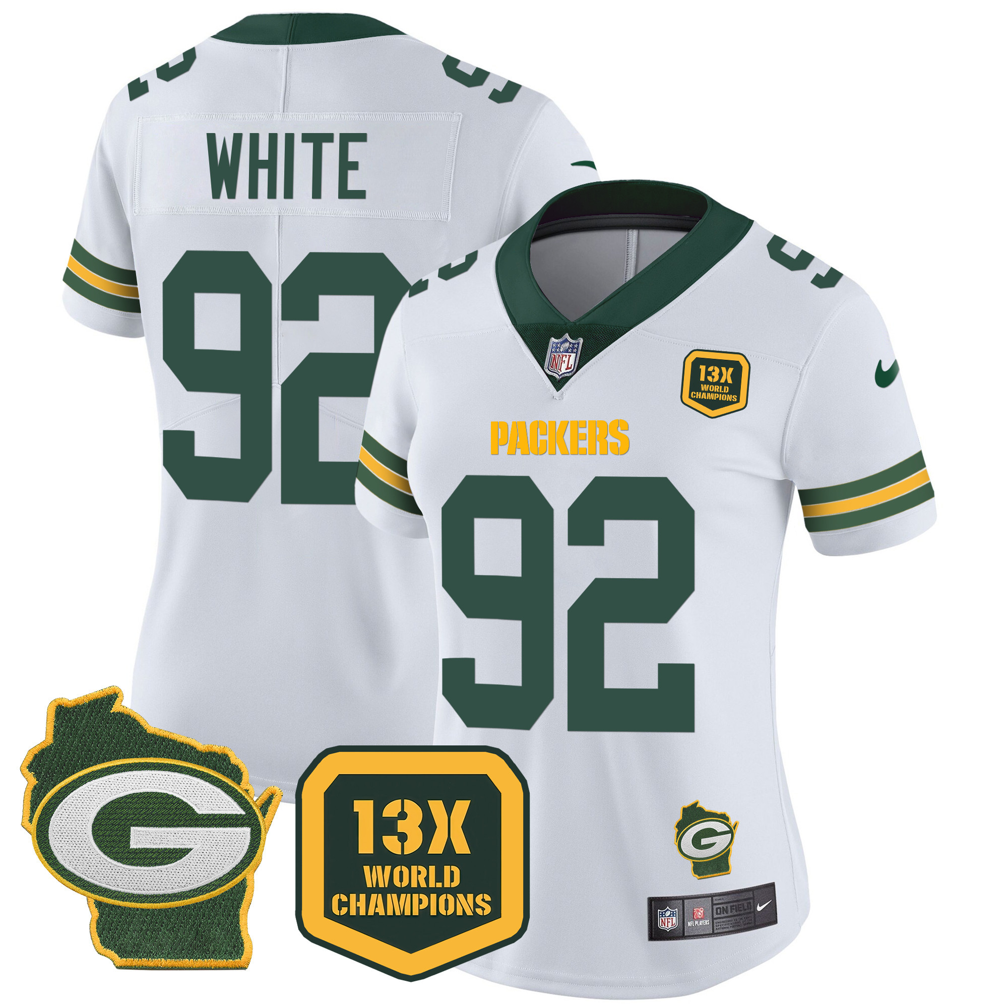 Reggie White Women's Green Bay Packers 13 Time World Champions & Home Patch Vapor White Jersey - All Stitched 