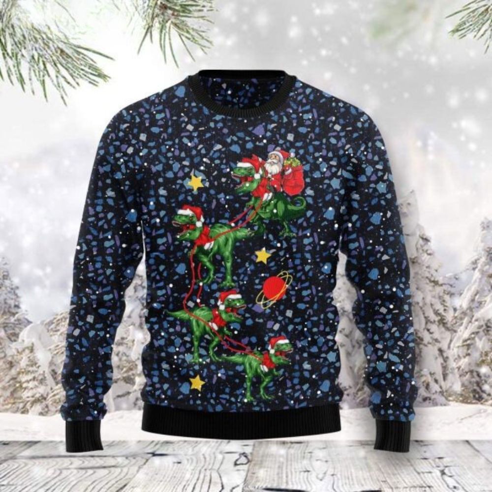 Reindeer With Santa Funny Family Dinosaur Christmas Sweater