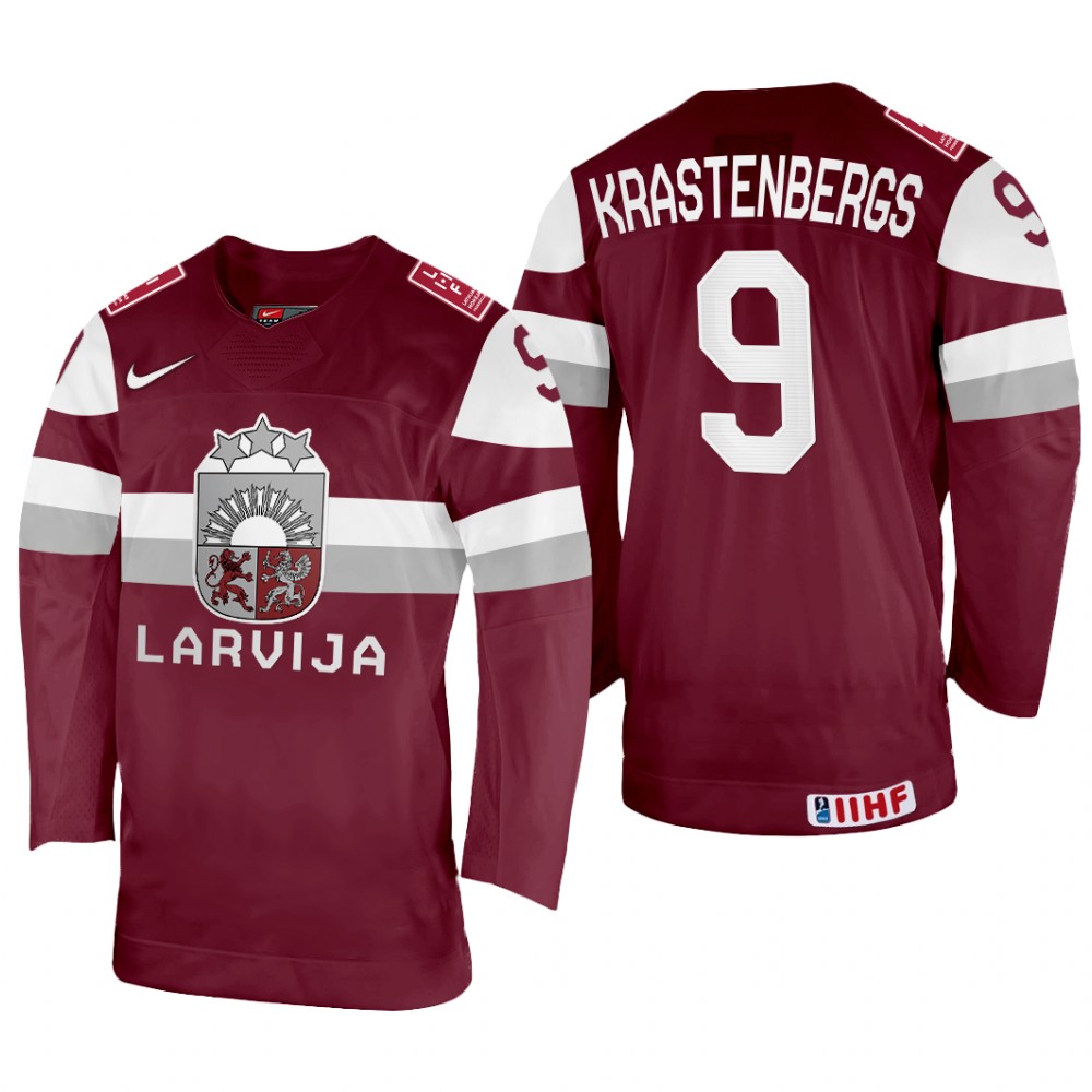 Renars Krastenbergs Latvia Maroon Away Jersey 2022 IIHF World Championship