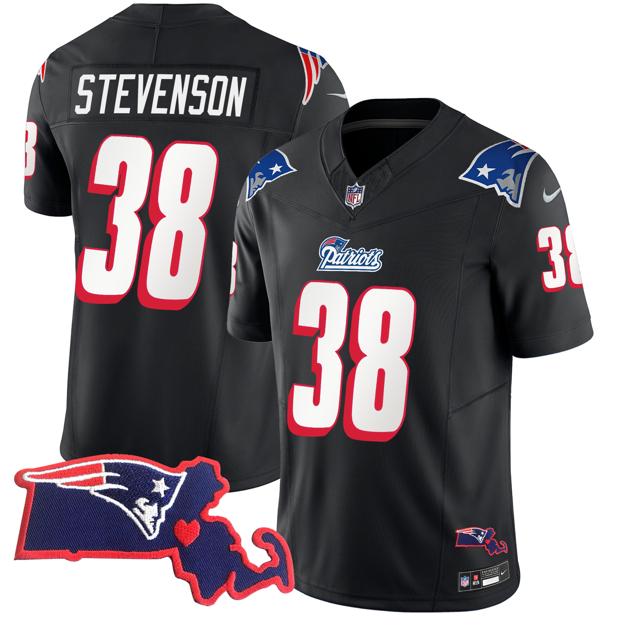 Rhamondre Stevenson Men's New England Patriots 1996 Throwback State Patch Vapor Black Jersey - All Stitched 