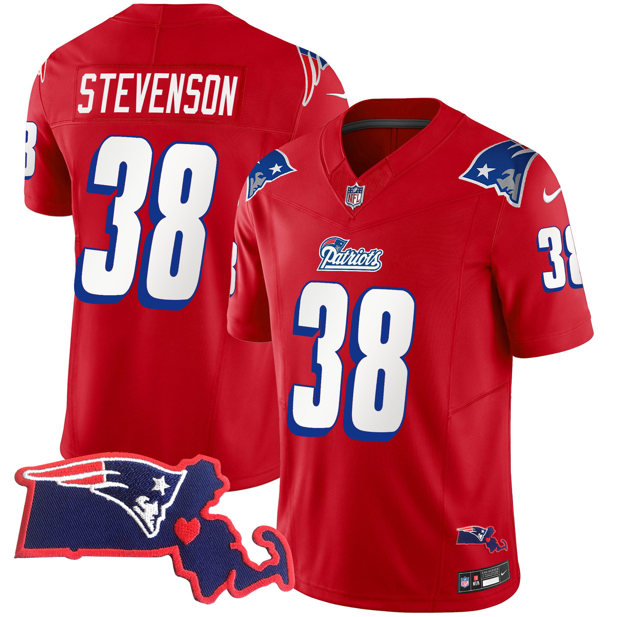 Rhamondre Stevenson Men's New England Patriots 1996 Throwback State Patch Vapor Red Jersey - All Stitched 