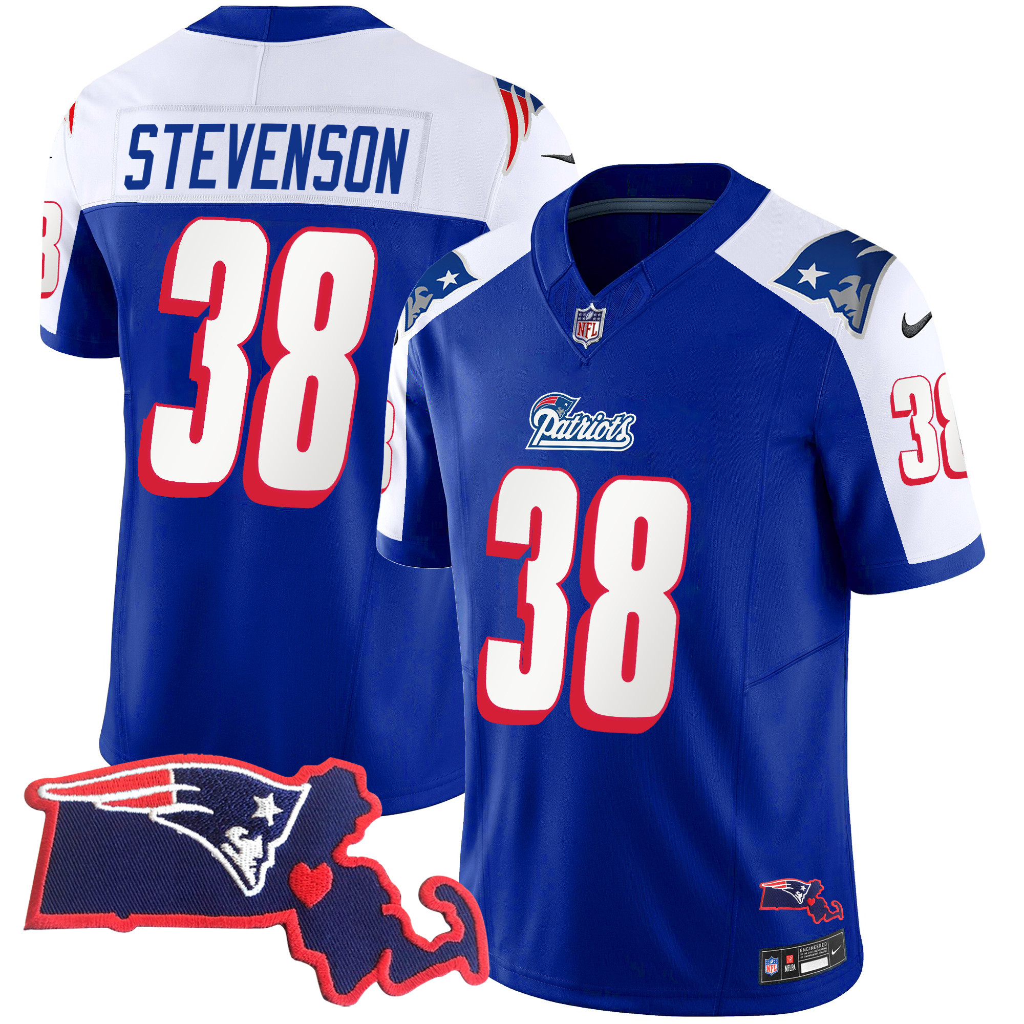 Rhamondre Stevenson Men's New England Patriots 1996 Throwback State Patch Vapor Royal Alternate Jersey - All Stitched 