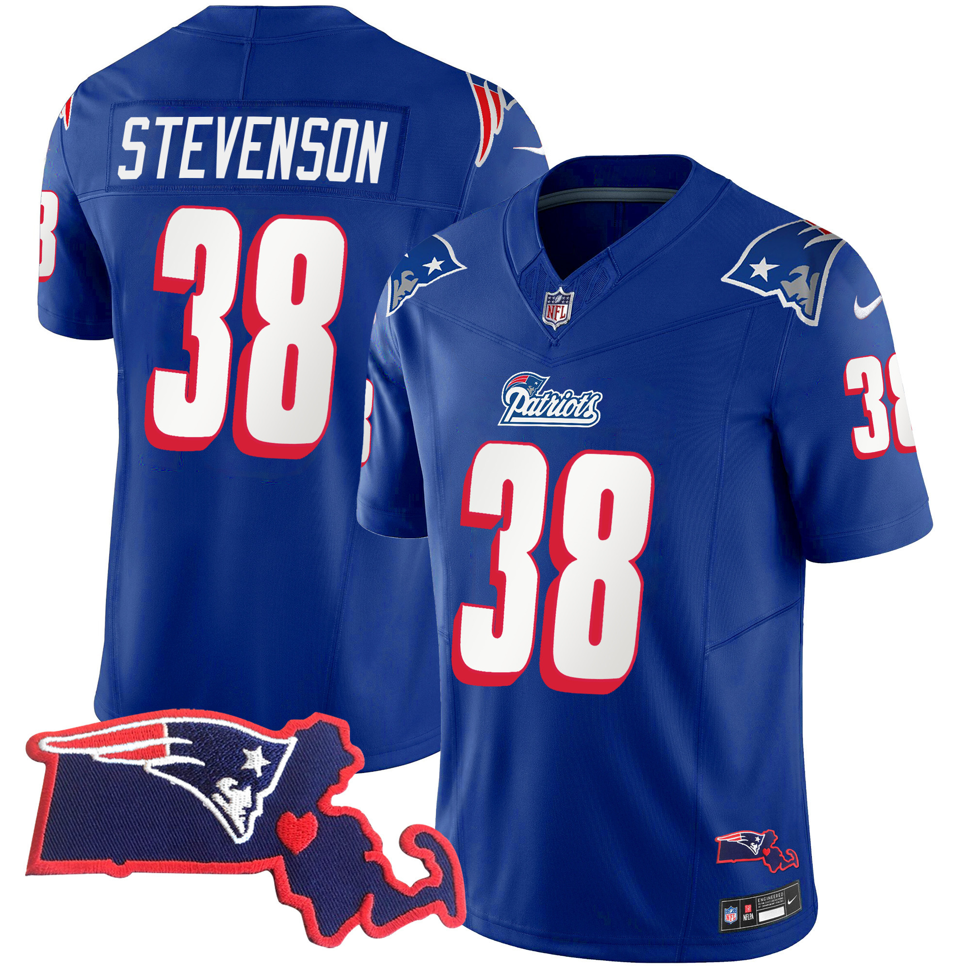 Rhamondre Stevenson Men's New England Patriots 1996 Throwback State Patch Vapor Royal Jersey - All Stitched 