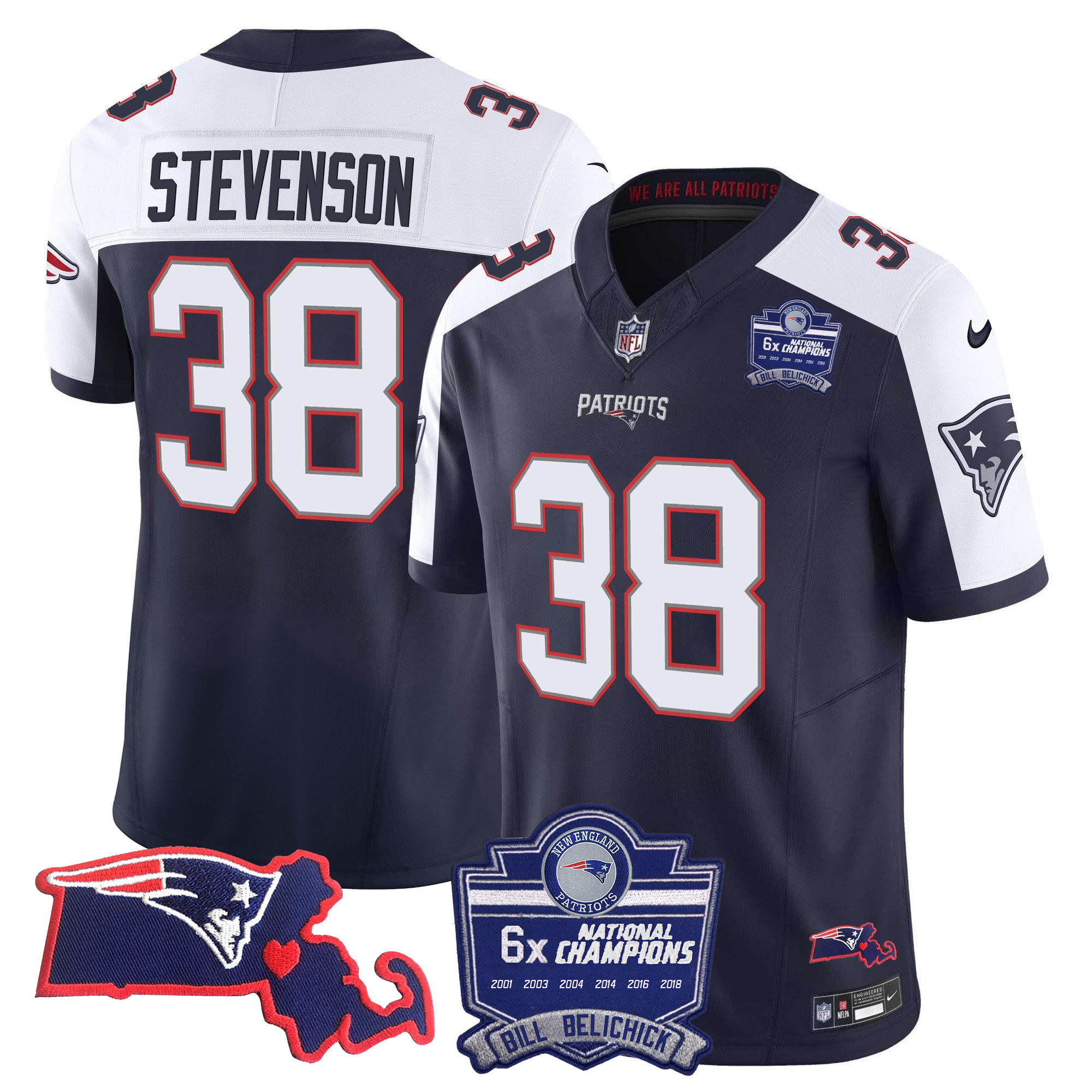 Rhamondre Stevenson Men's New England Patriots Bill Belichick 6x Champions Patch Vapor Alternate Jersey - All Stitched 