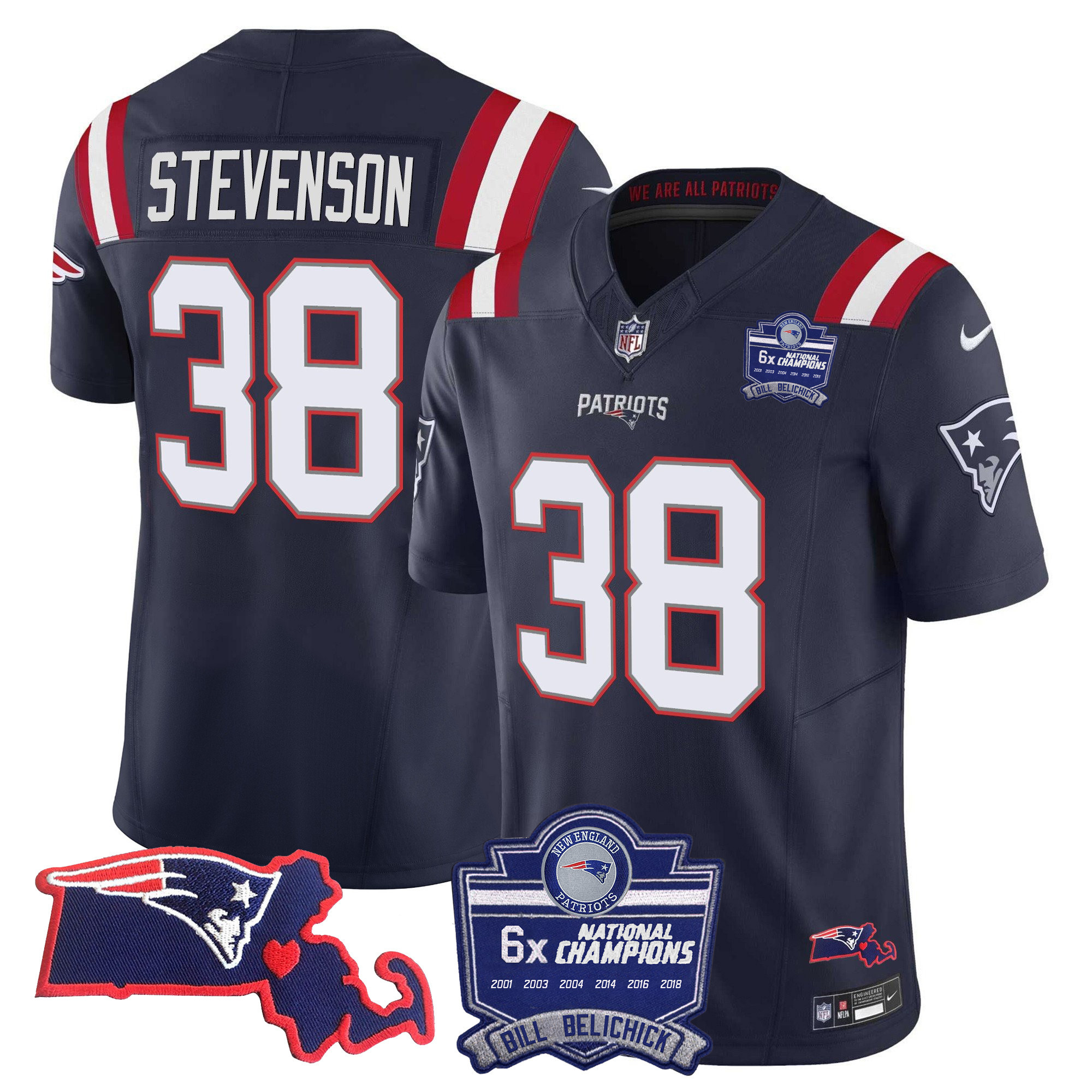 Rhamondre Stevenson Men's New England Patriots Bill Belichick 6x Champions Patch Vapor Navy Jersey - All Stitched 