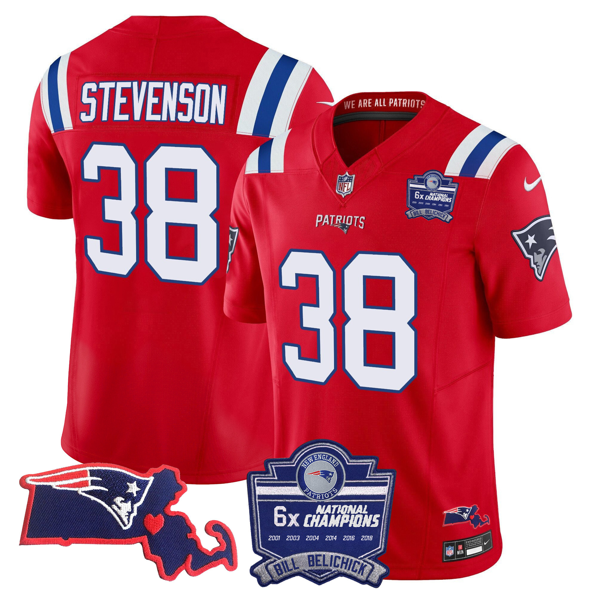 Rhamondre Stevenson Men's New England Patriots Bill Belichick 6x Champions Patch Vapor Red Jersey - All Stitched 