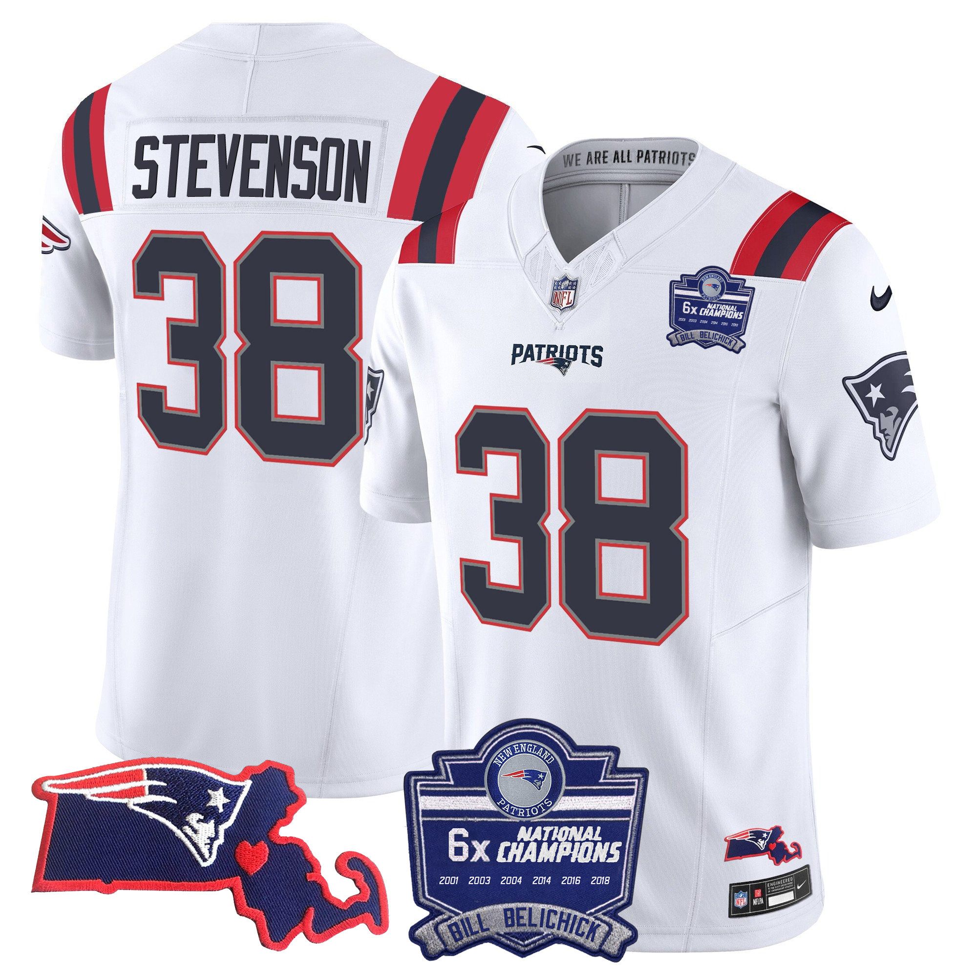 Rhamondre Stevenson Men's New England Patriots Bill Belichick 6x Champions Patch Vapor White Jersey - All Stitched 
