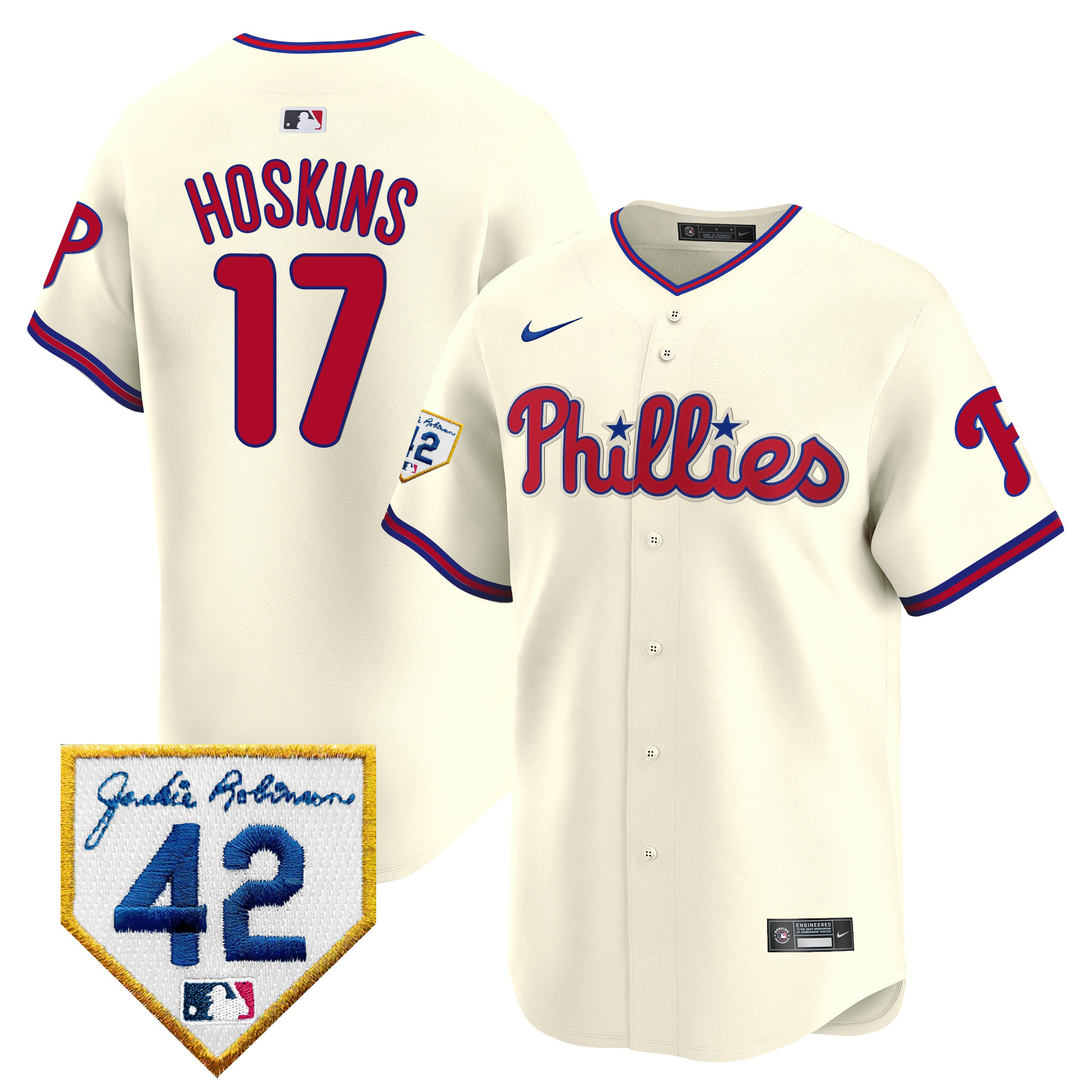 Rhys Hoskins Men's Philadelphia Phillies 2024 Jackie Robinson Patch Vapor Premier Limited Cream Jersey - All Stitched