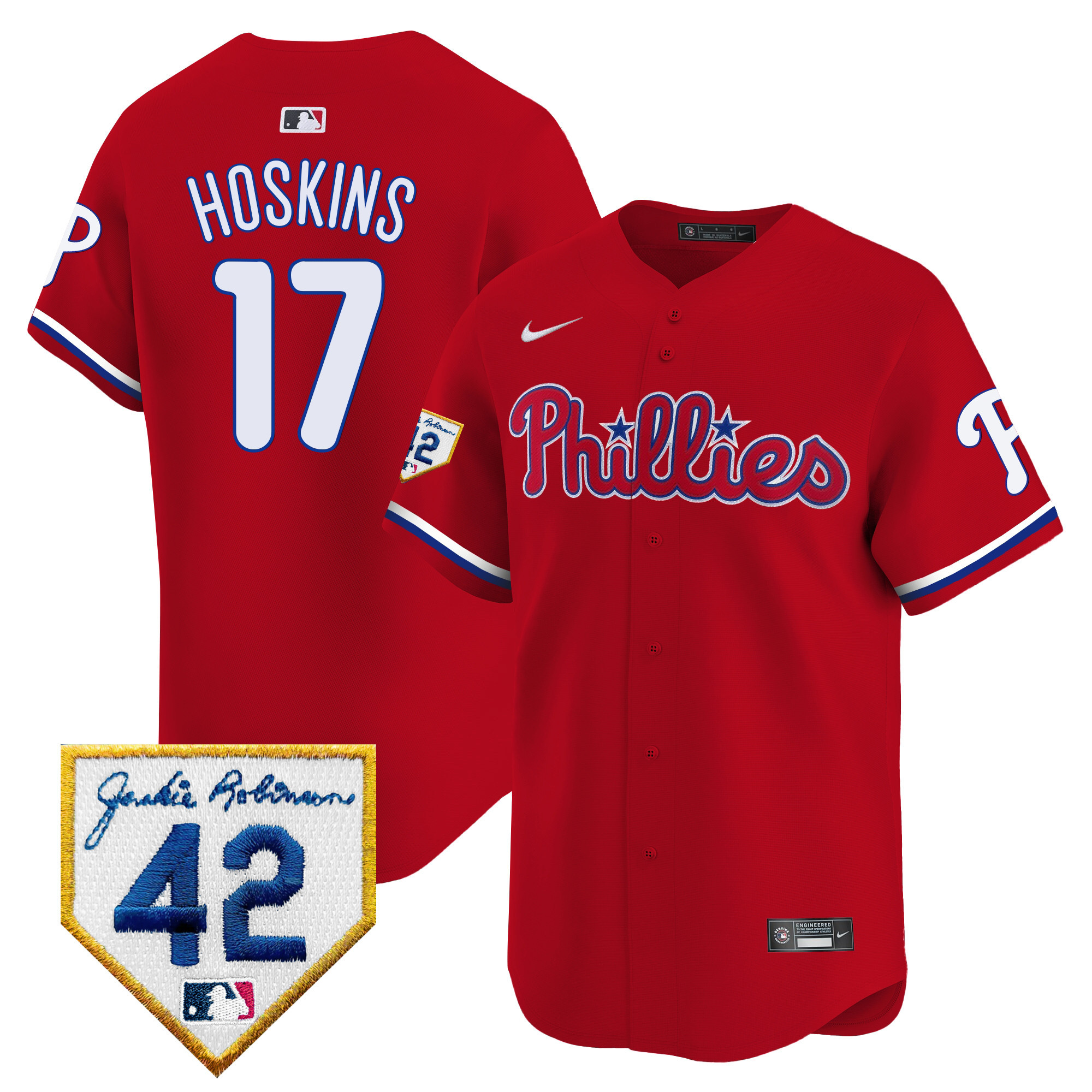 Rhys Hoskins Men's Philadelphia Phillies 2024 Jackie Robinson Patch Vapor Premier Limited Red Jersey - All Stitched