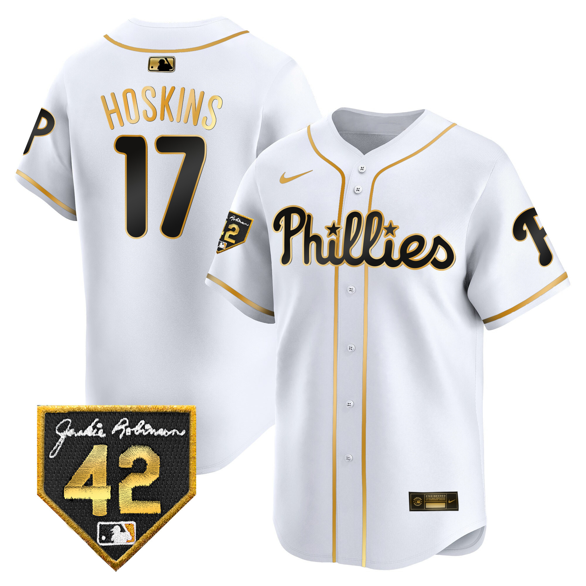 Rhys Hoskins Men's Philadelphia Phillies 2024 Jackie Robinson Patch Vapor Premier Limited White Gold Jersey - All Stitched