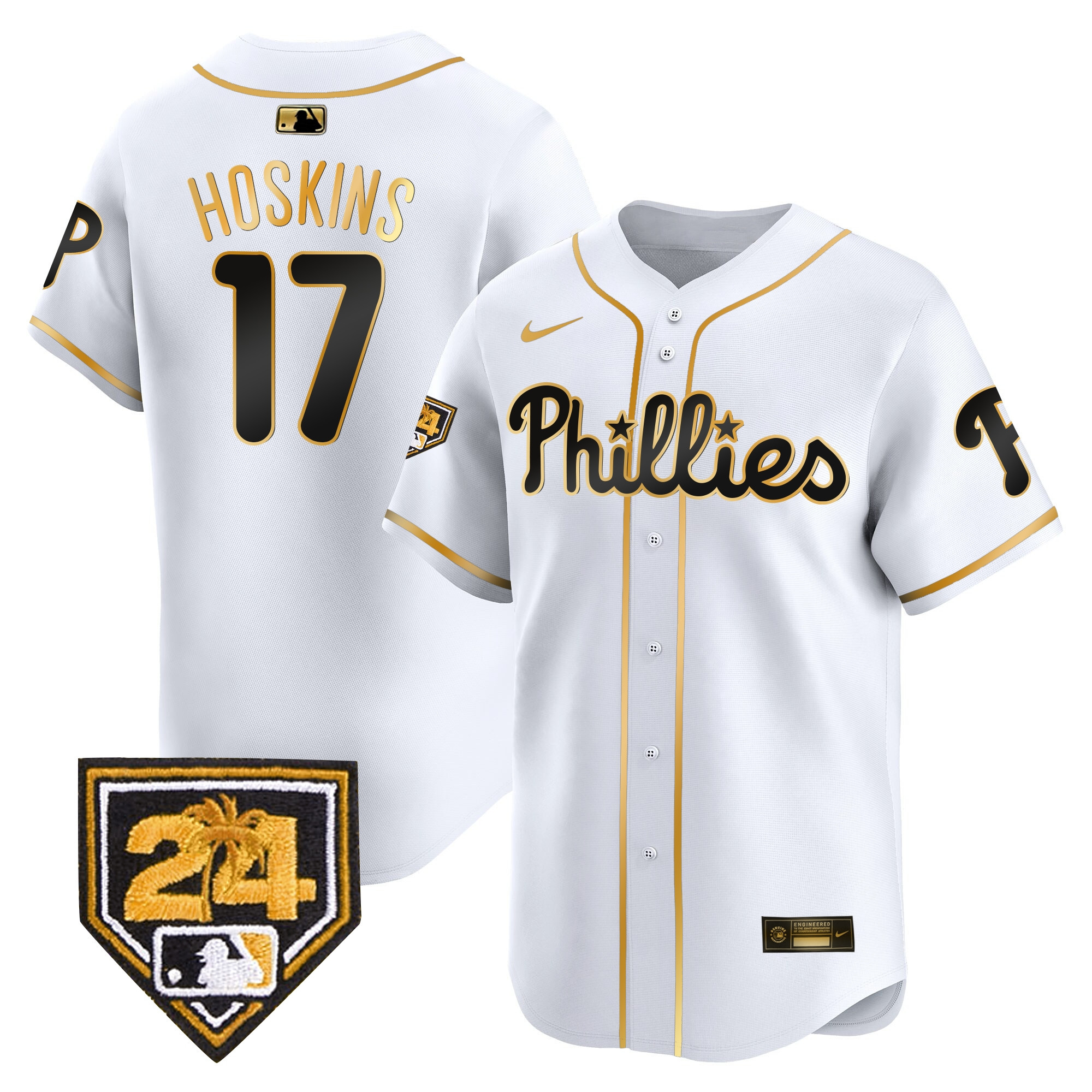 Rhys Hoskins Men's Philadelphia Phillies 2024 Spring Training Patch Vapor Premier Limited White Gold Jersey - All Stitched