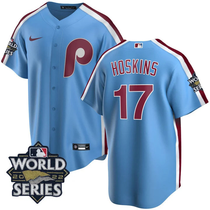 Rhys Hoskins Men's Philadelphia Phillies Cooperstown 2022 World Series Patch Cool Base Jersey - All Stitched