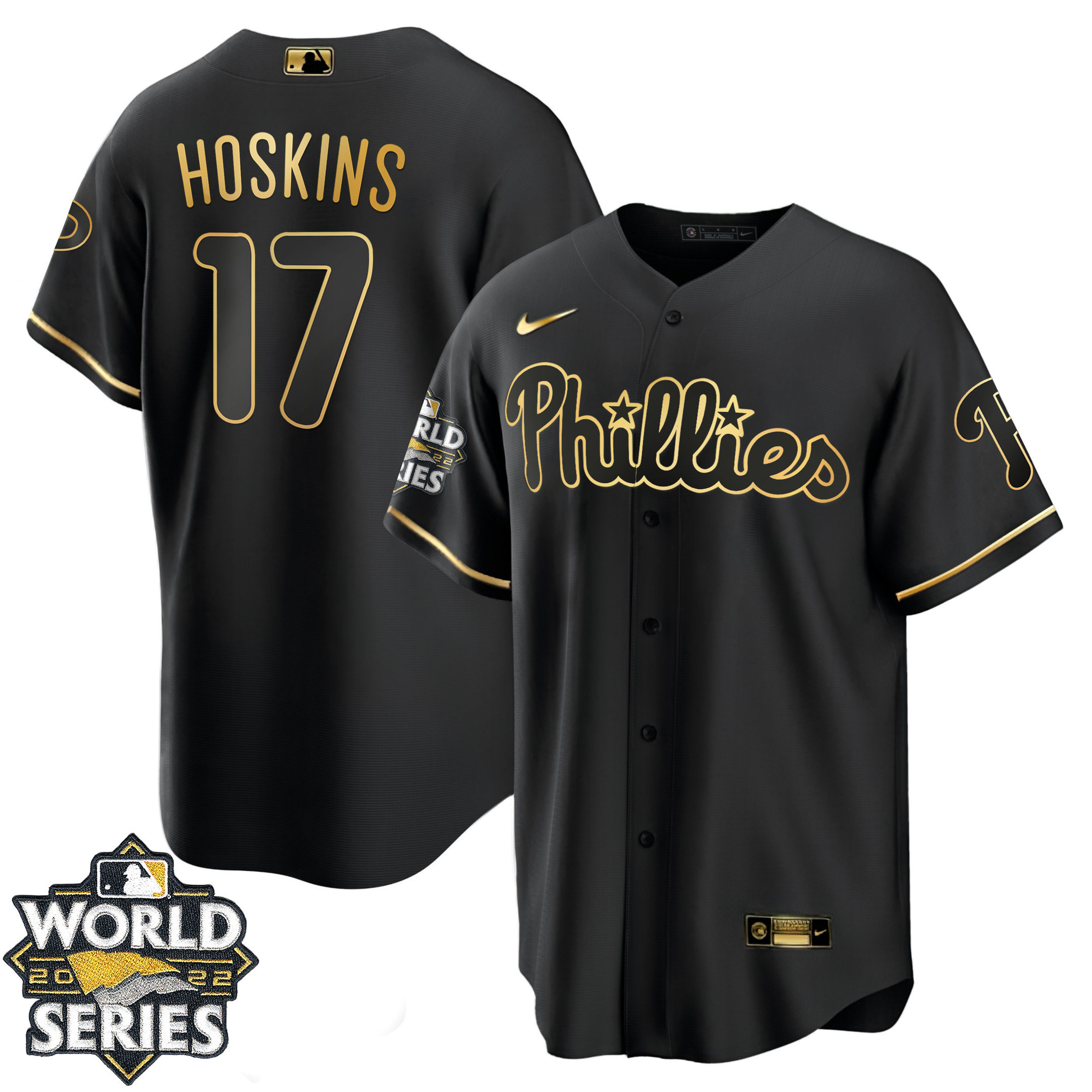 Rhys Hoskins Men's Philadelphia Phillies Gold 2022 World Series Cool Black Jersey - All Stitched