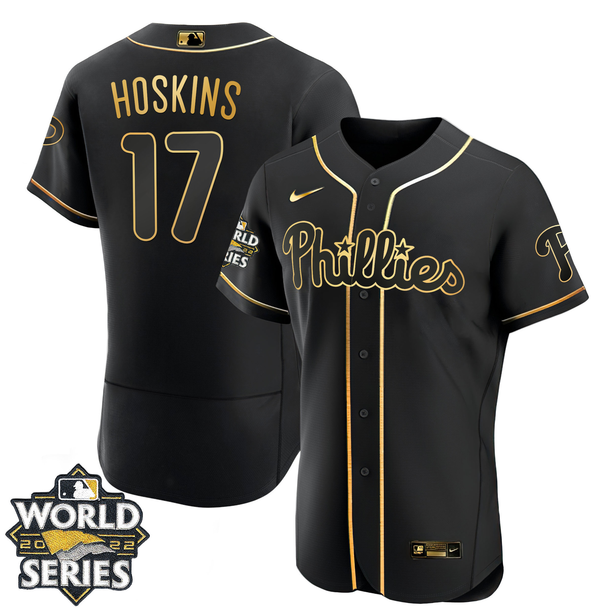 Rhys Hoskins Men's Philadelphia Phillies Gold 2022 World Series Flex Black Jersey - All Stitched