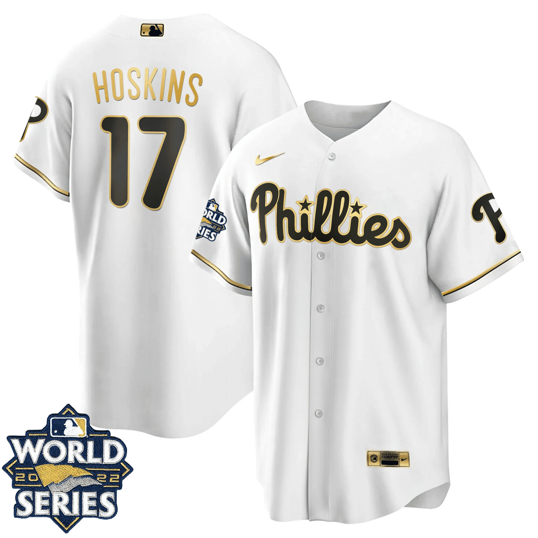 Rhys Hoskins Men's Philadelphia Phillies Gold 2022 World Series Limited Cool White Jersey - All Stitched