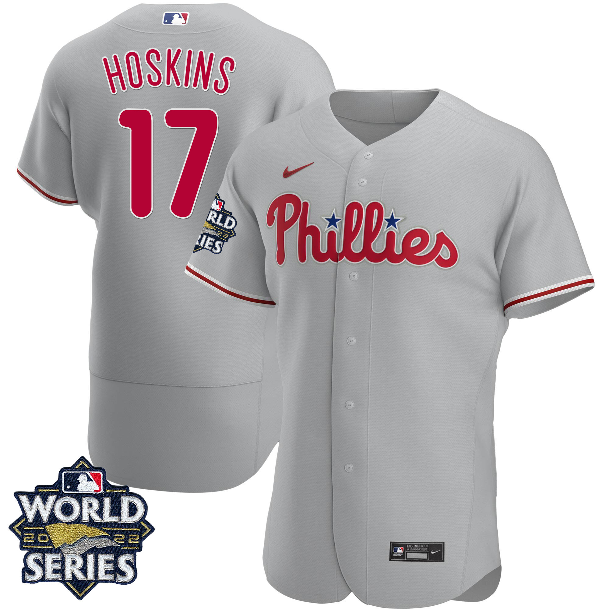 Rhys Hoskins Men's Philadelphia Phillies Gray Road 2022 World Series Flex Base Jersey - All Stitched