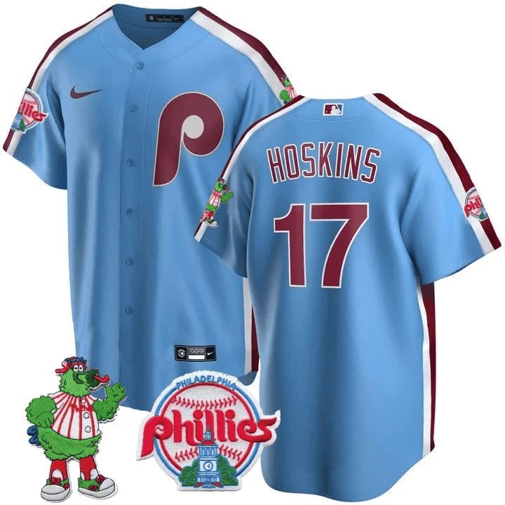 Rhys Hoskins Men's Philadelphia Phillies Phillie Phanatic Patch Cool Base Blue Jersey - All Stitched