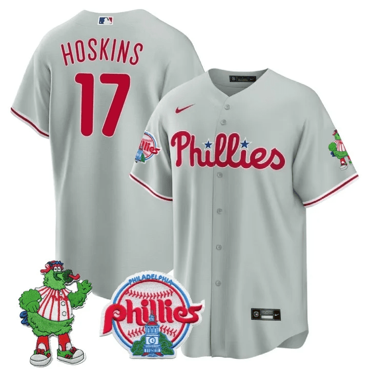 Rhys Hoskins Men's Philadelphia Phillies Phillie Phanatic Patch Cool Base Gray Jersey - All Stitched
