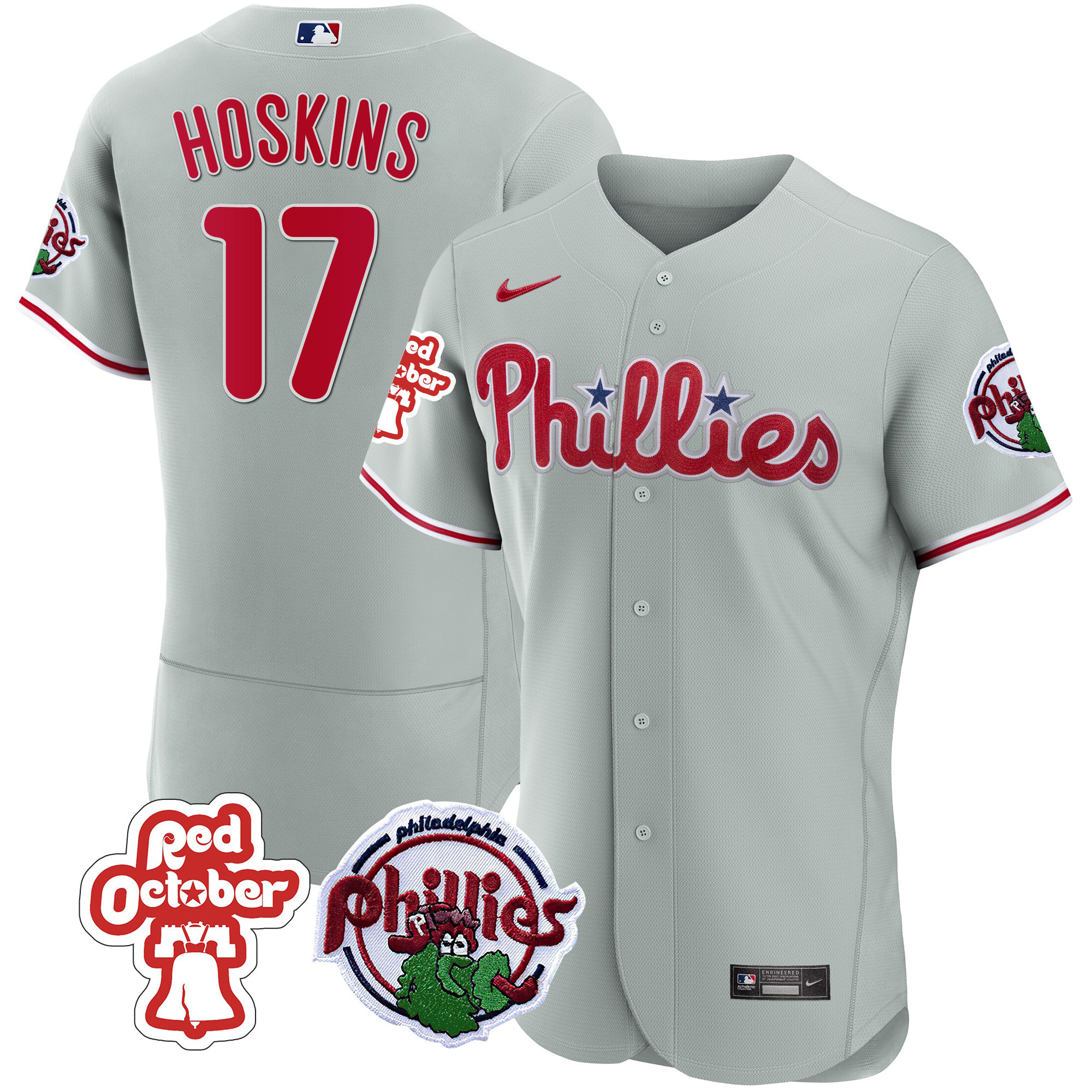 Rhys Hoskins Men's Philadelphia Phillies Red October Patch Flex Base Gray Jersey - All Stitched
