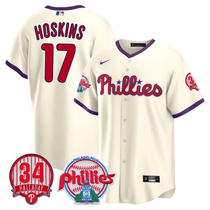 Rhys Hoskins Men's Philadelphia Phillies Roy Halladay Patch #34 Cool Base Cream Jersey - All Stitched