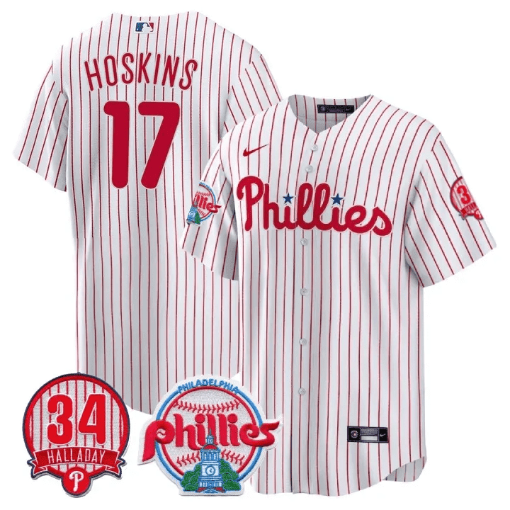 Rhys Hoskins Men's Philadelphia Phillies Roy Halladay Patch #34 Cool Base White Jersey - All Stitched