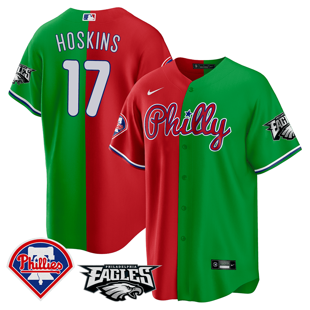 Rhys Hoskins Men's Split Philadelphia Phillies - Eagles Cool Base Red - Green Jersey - All Stitched