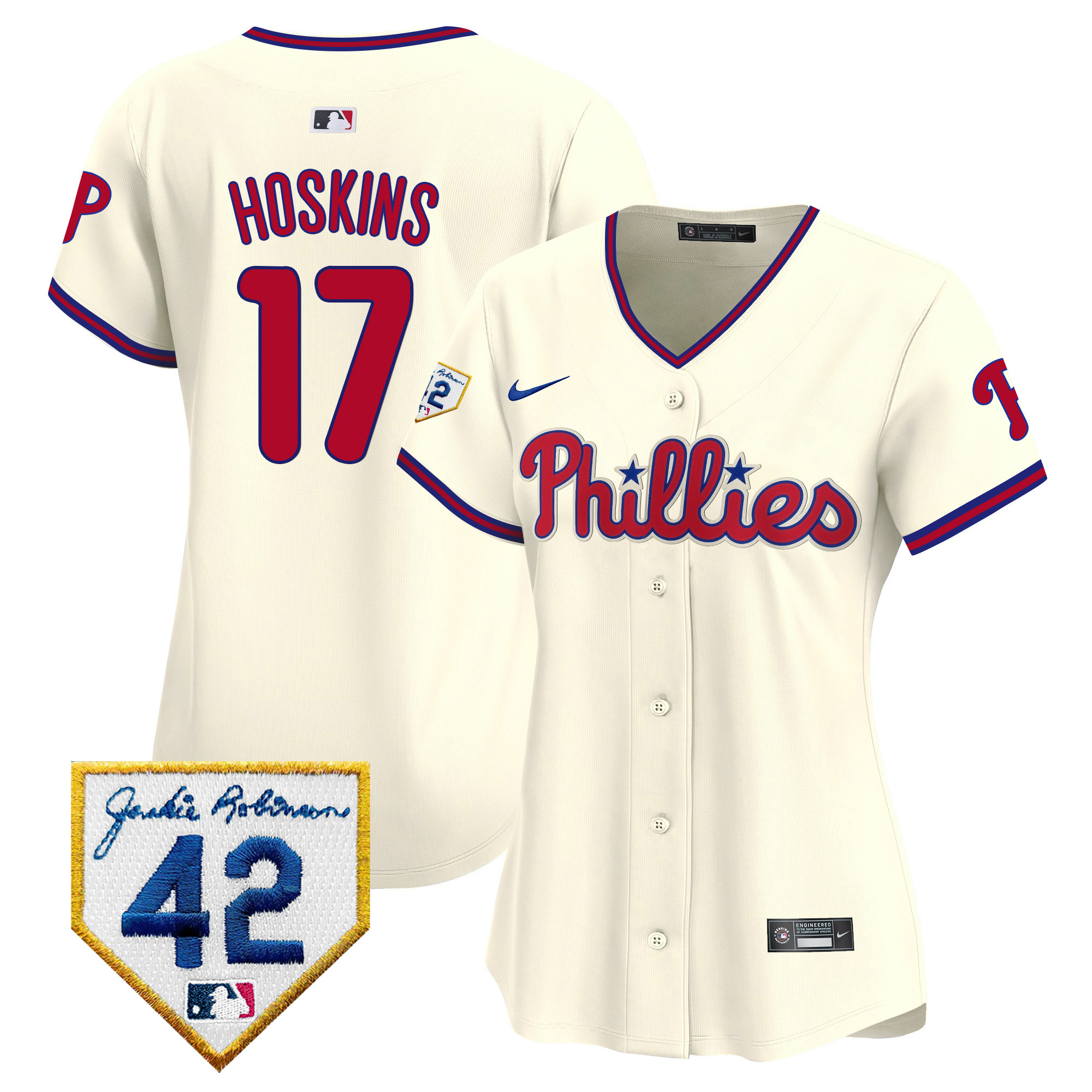Rhys Hoskins Women's Philadelphia Phillies 2024 Jackie Robinson Patch Vapor Premier Limited Cream Jersey - All Stitched