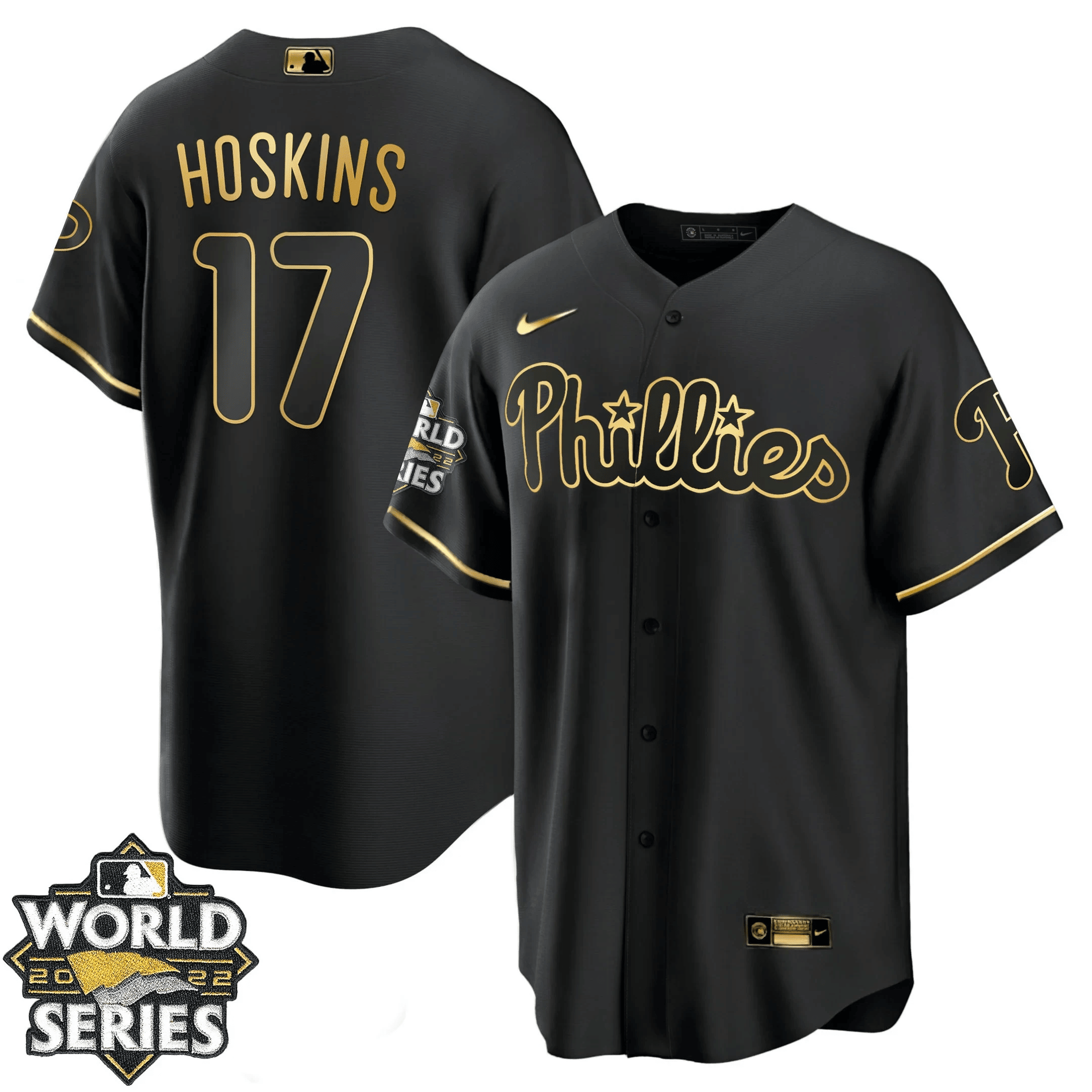 Rhys Hoskins Youth's Philadelphia Phillies Gold 2022 World Series Cool Black Jersey - All Stitched