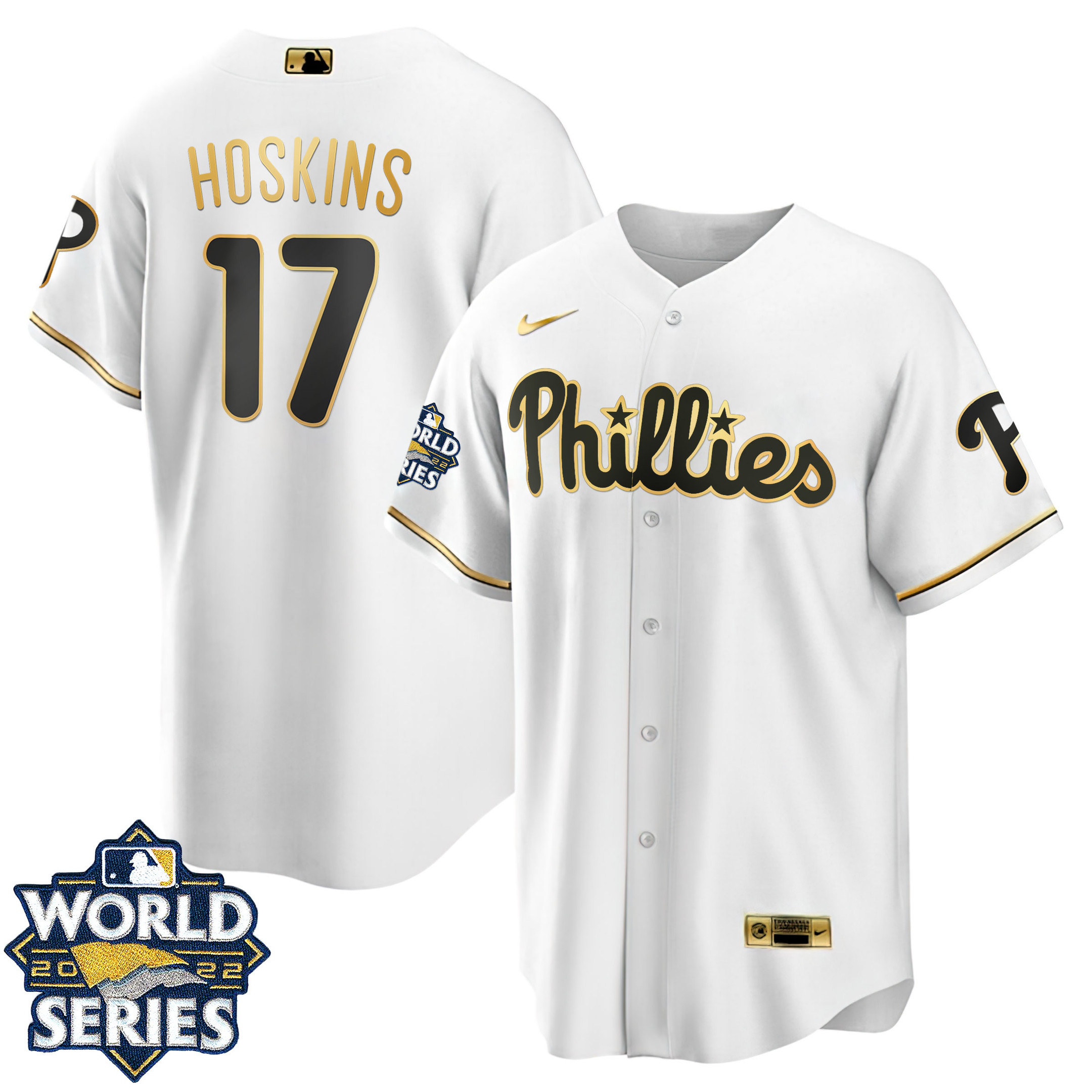 Rhys Hoskins Youth's Philadelphia Phillies Gold 2022 World Series Cool White Jersey - All Stitched