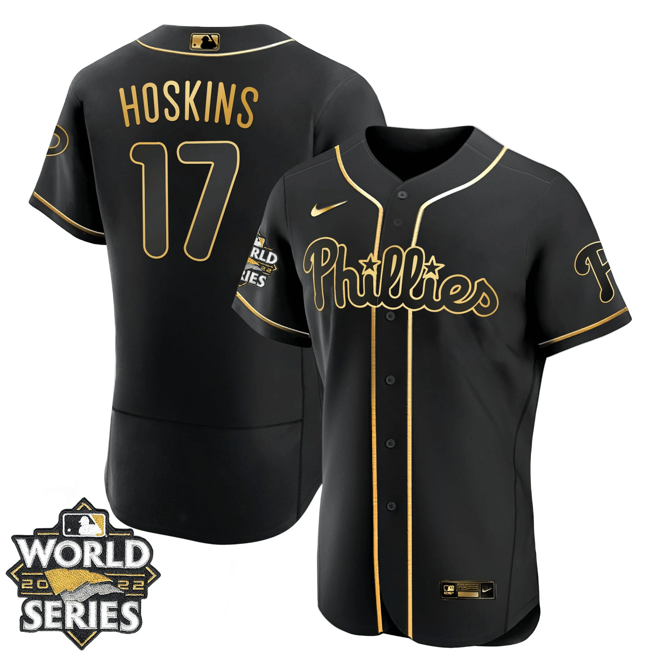 Rhys Hoskins Youth's Philadelphia Phillies Gold 2022 World Series Flex Black Jersey - All Stitched