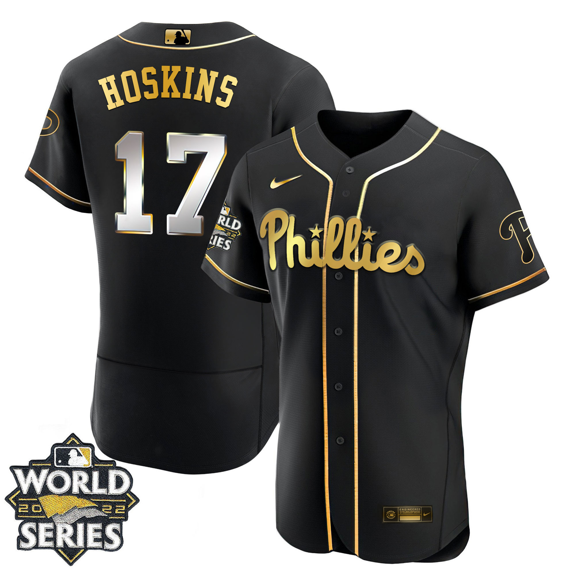 Rhys Hoskins Youth's Philadelphia Phillies Gold 2022 World Series Limited Flex Black Jersey - All Stitched